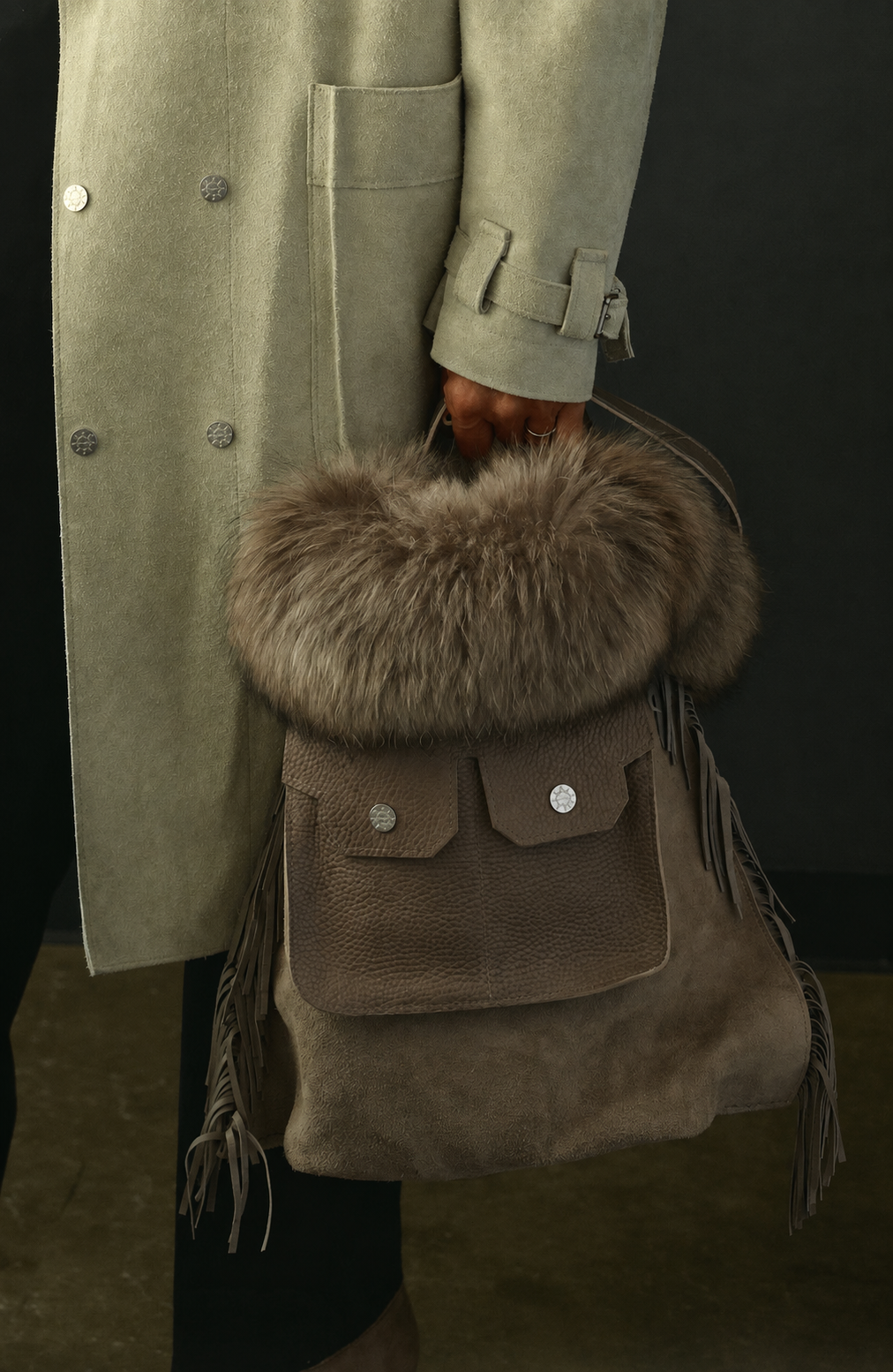 Natural Finnish Raccoon Fur + Leather Fringe Tote Bag