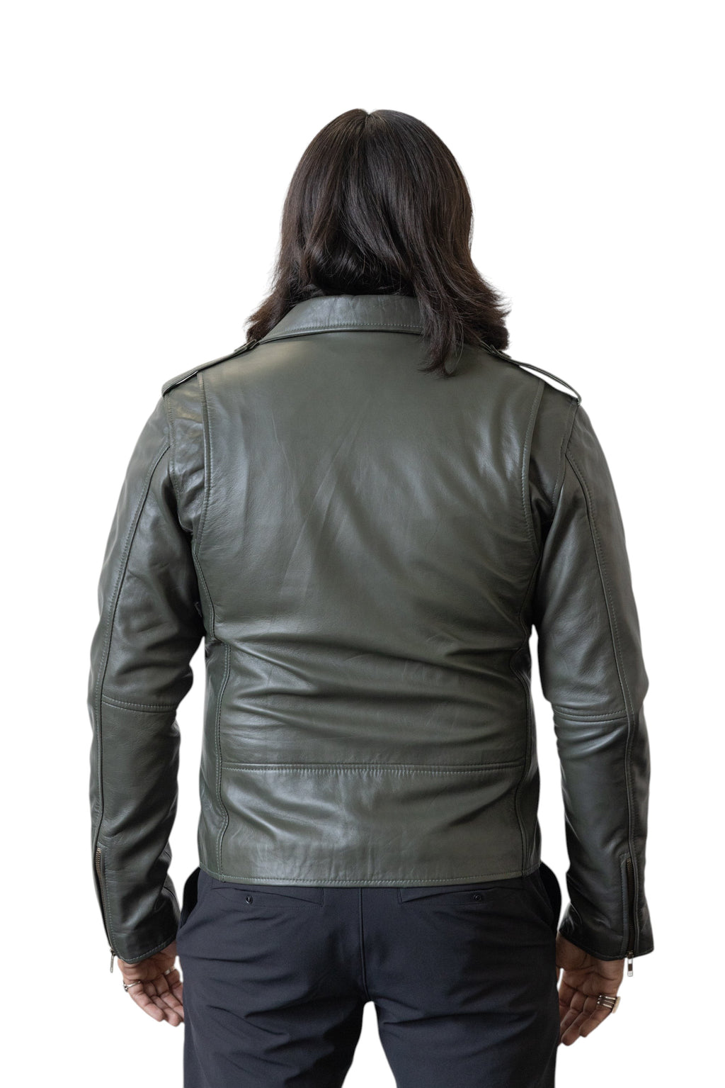 David Dangelo Caldwell The Biker Aztec green nappa lamb leather jacket with Aztec snaps and zipper pulls.