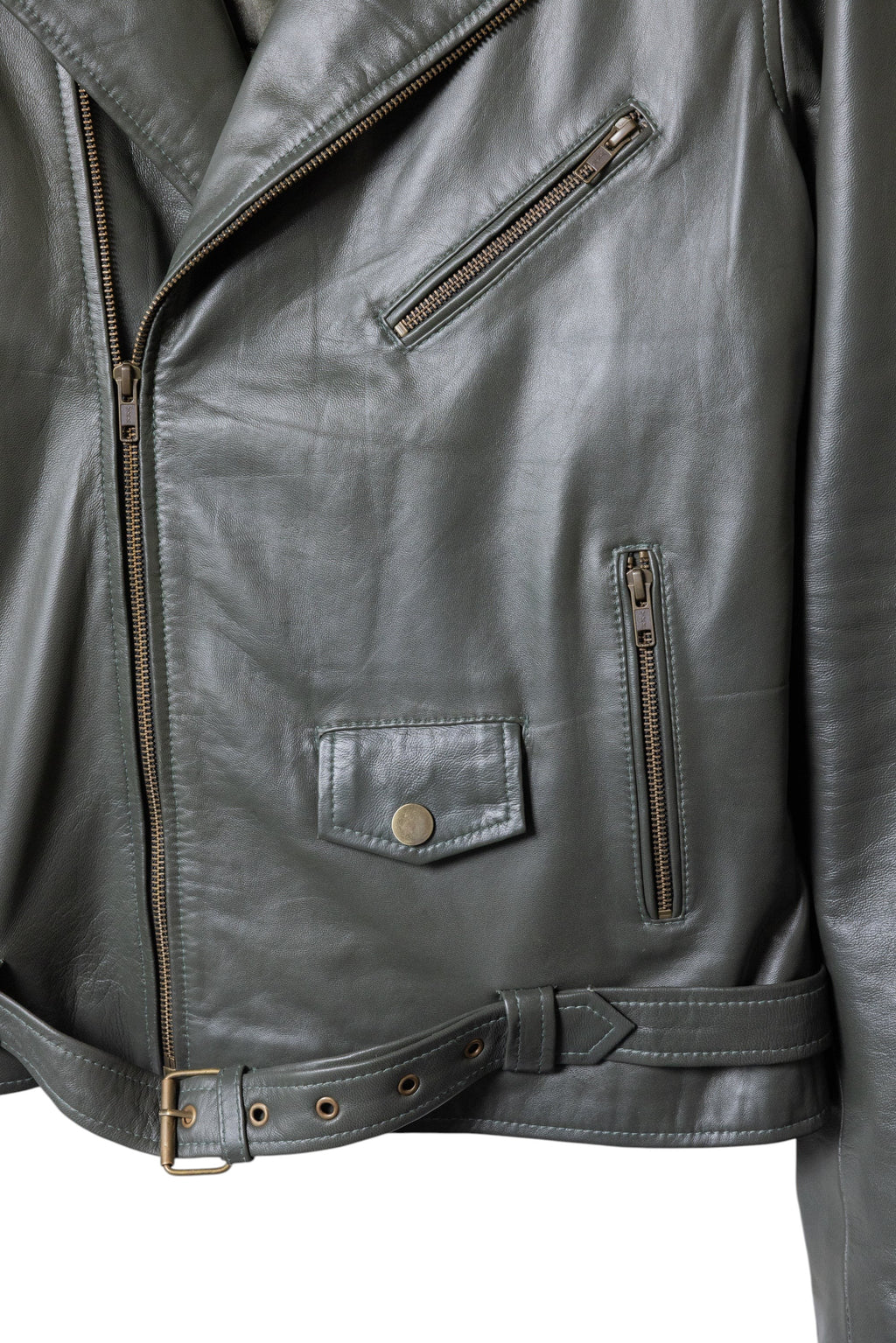 David Dangelo Caldwell The Biker Aztec green nappa lamb leather jacket with Aztec snaps and custom zipper pulls.