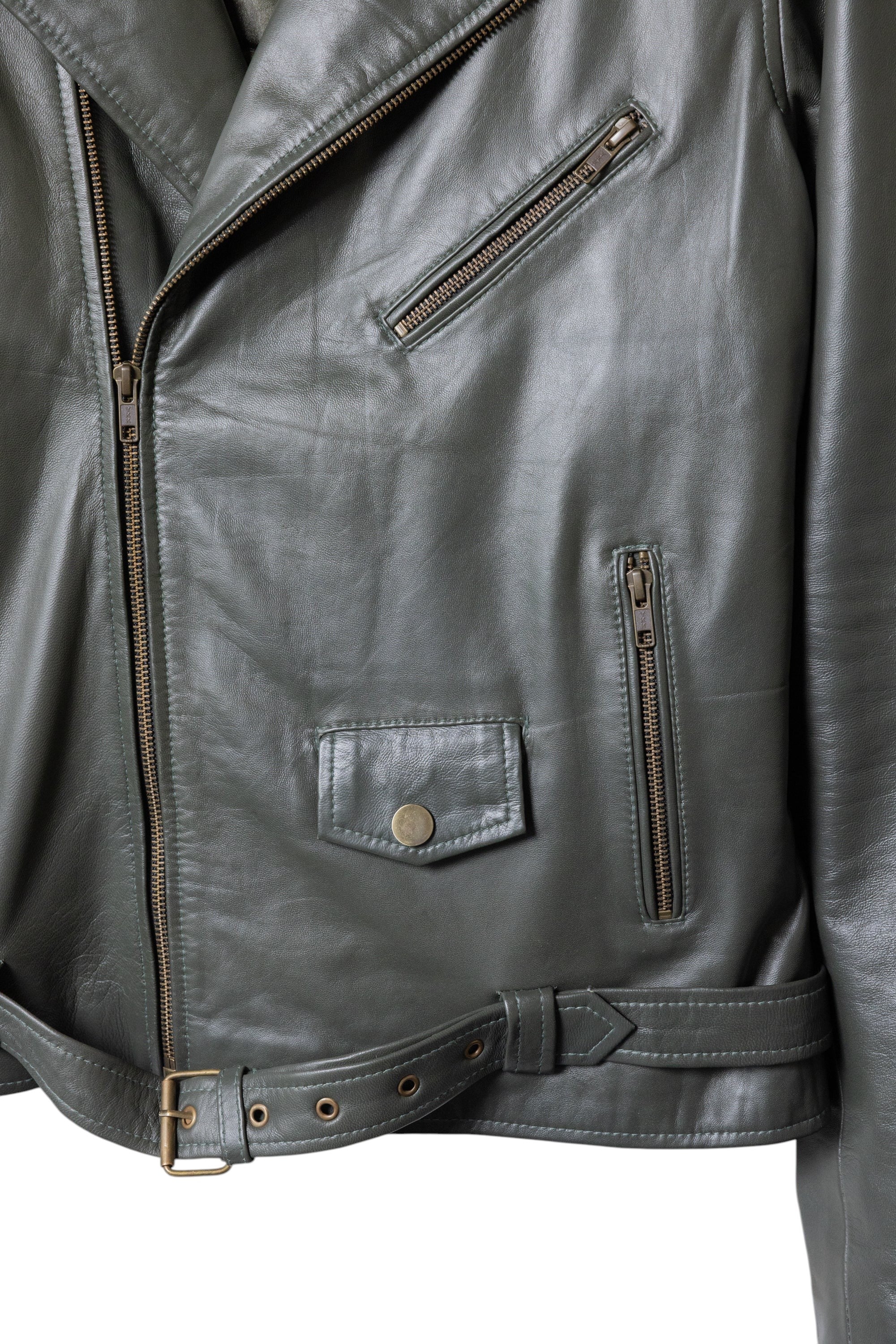 David Dangelo Caldwell The Biker Aztec green nappa lamb leather jacket with Aztec snaps and custom zipper pulls.