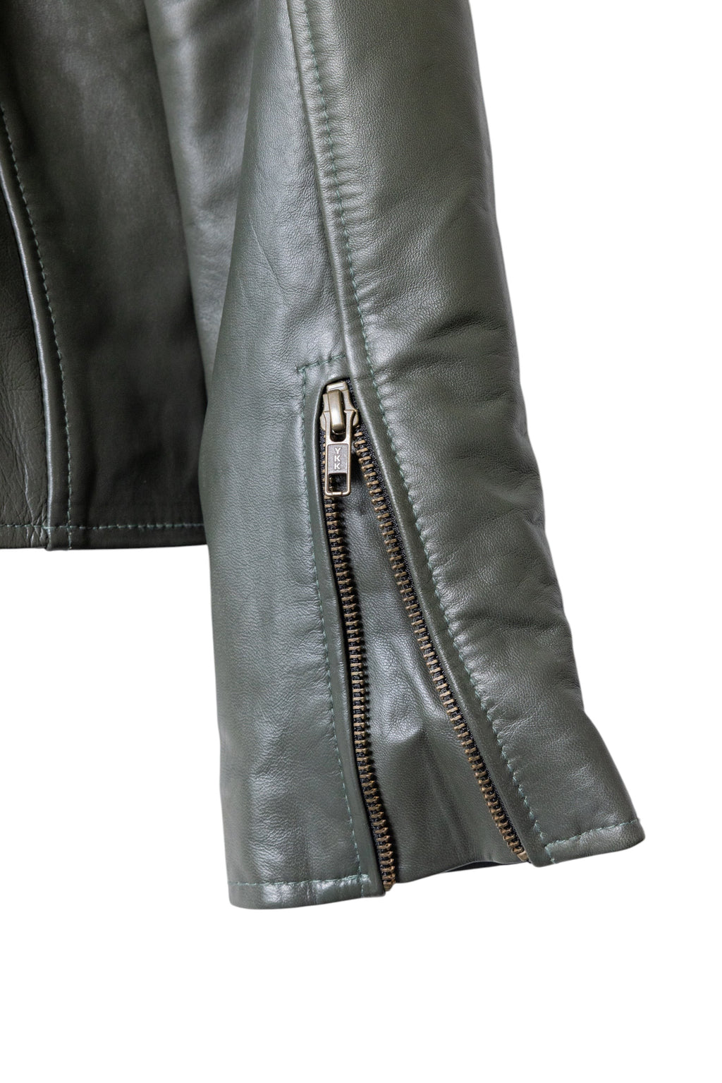 David Dangelo Caldwell The Biker Aztec green nappa lamb leather jacket with custom Aztec snaps and zipper pulls.
