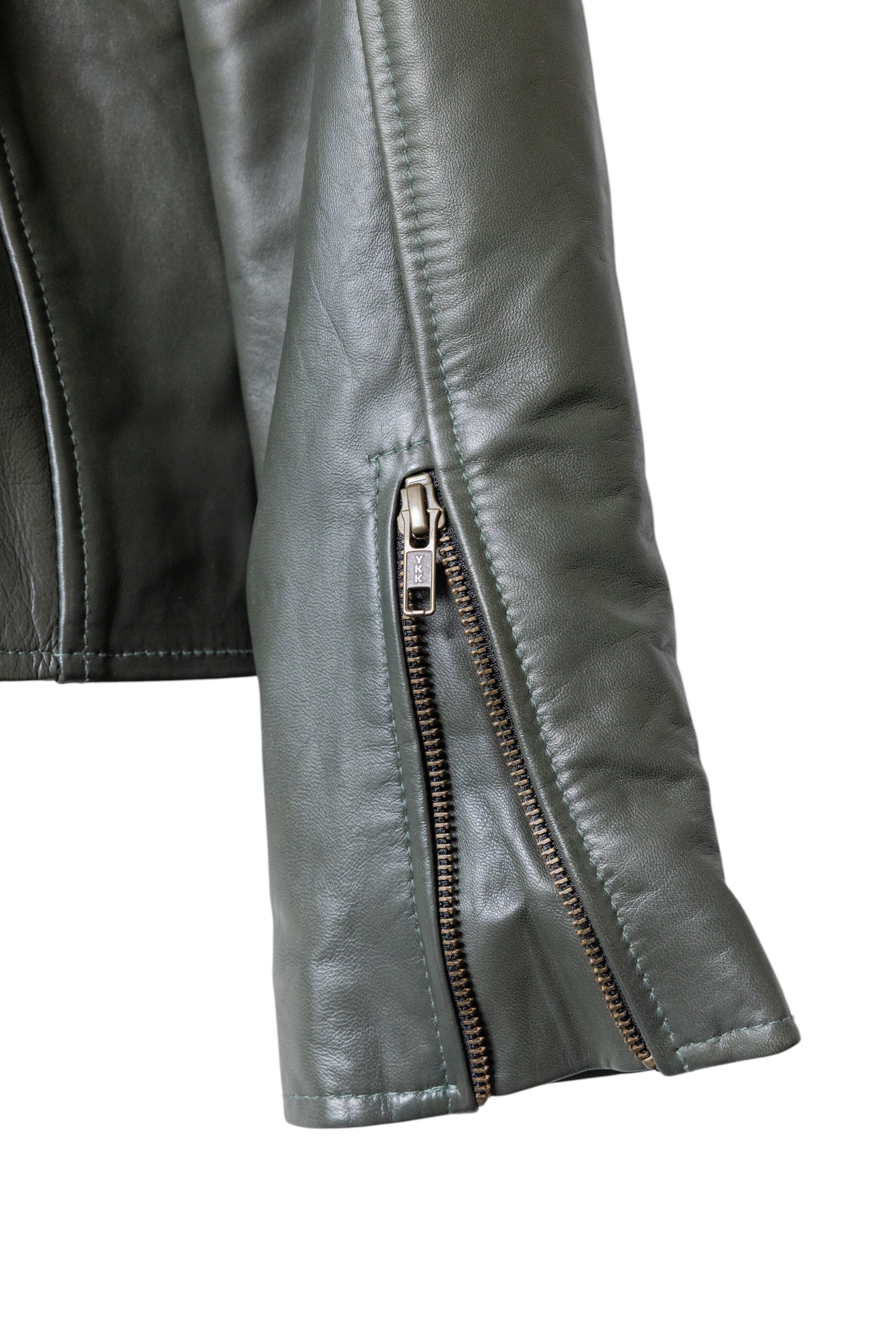 David Dangelo Caldwell The Biker Aztec green nappa lamb leather jacket with custom Aztec snaps and zipper pulls.