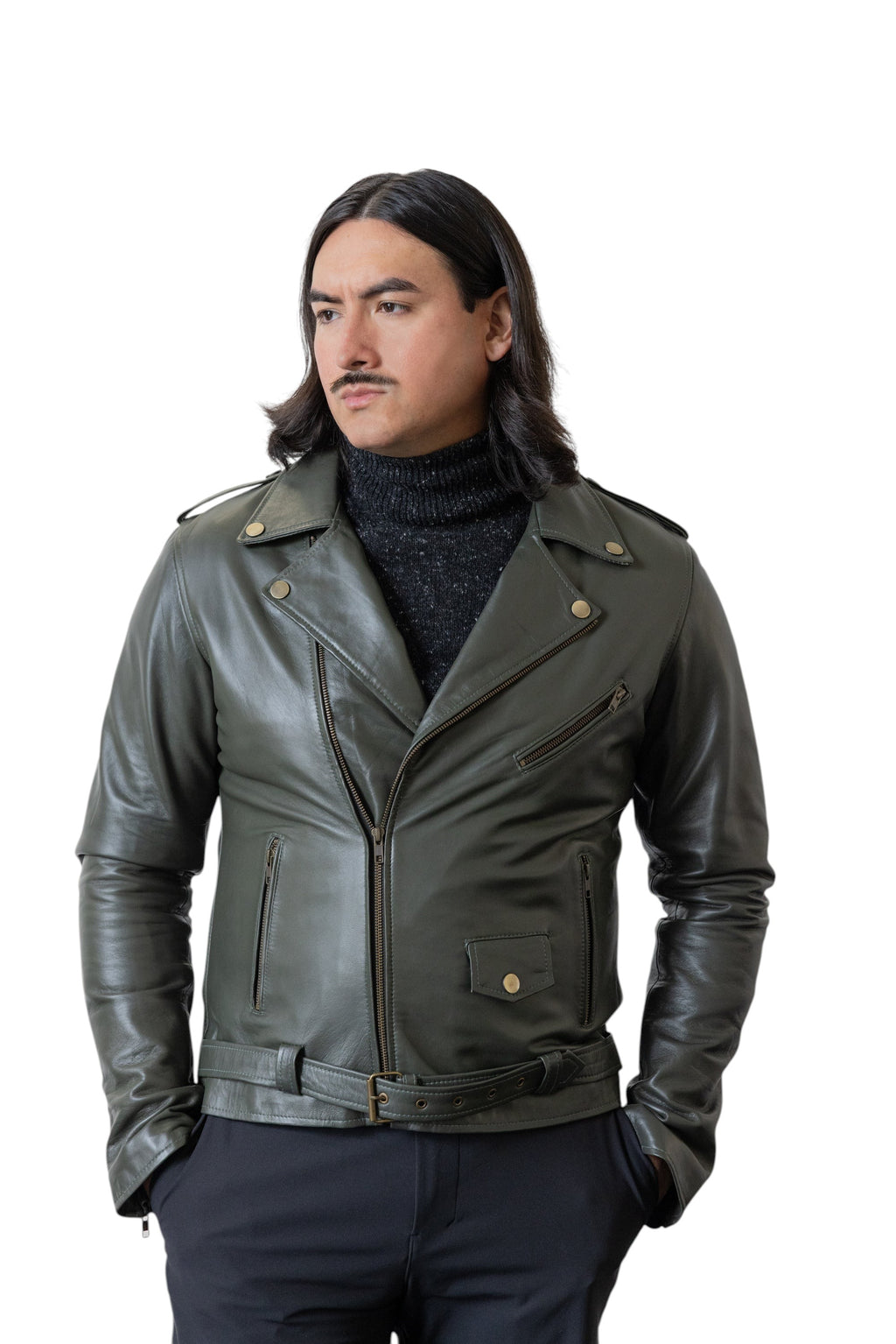 David Dangelo Caldwell The Biker Aztec green nappa lamb leather jacket with custom Aztec snaps and zipper pulls.