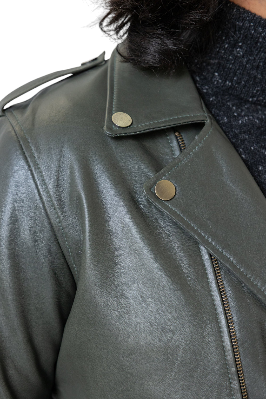 David Dangelo Caldwell olive green nappa lamb leather biker jacket with Aztec snaps and branded zipper pulls.