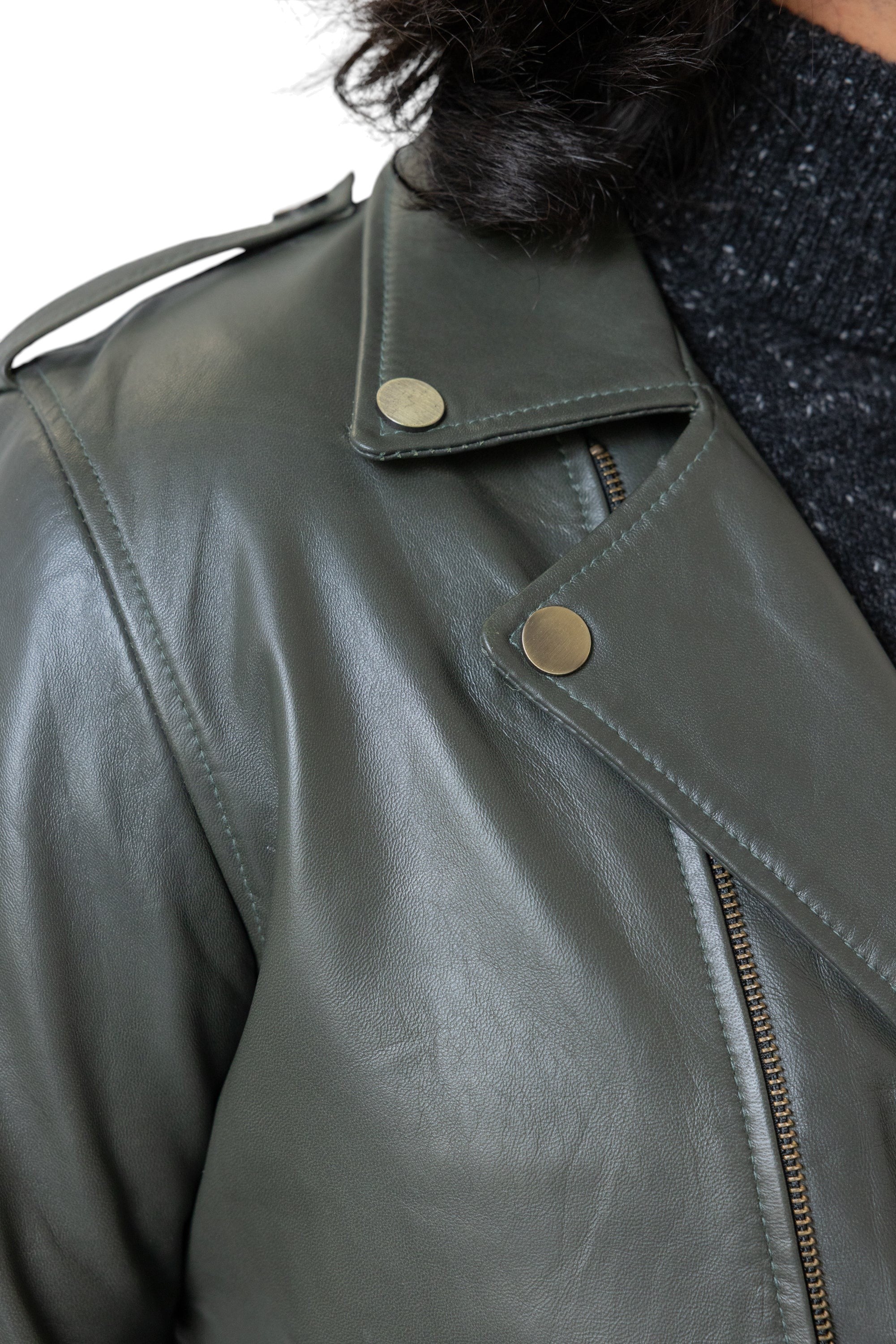 David Dangelo Caldwell olive green nappa lamb leather biker jacket with Aztec snaps and branded zipper pulls.