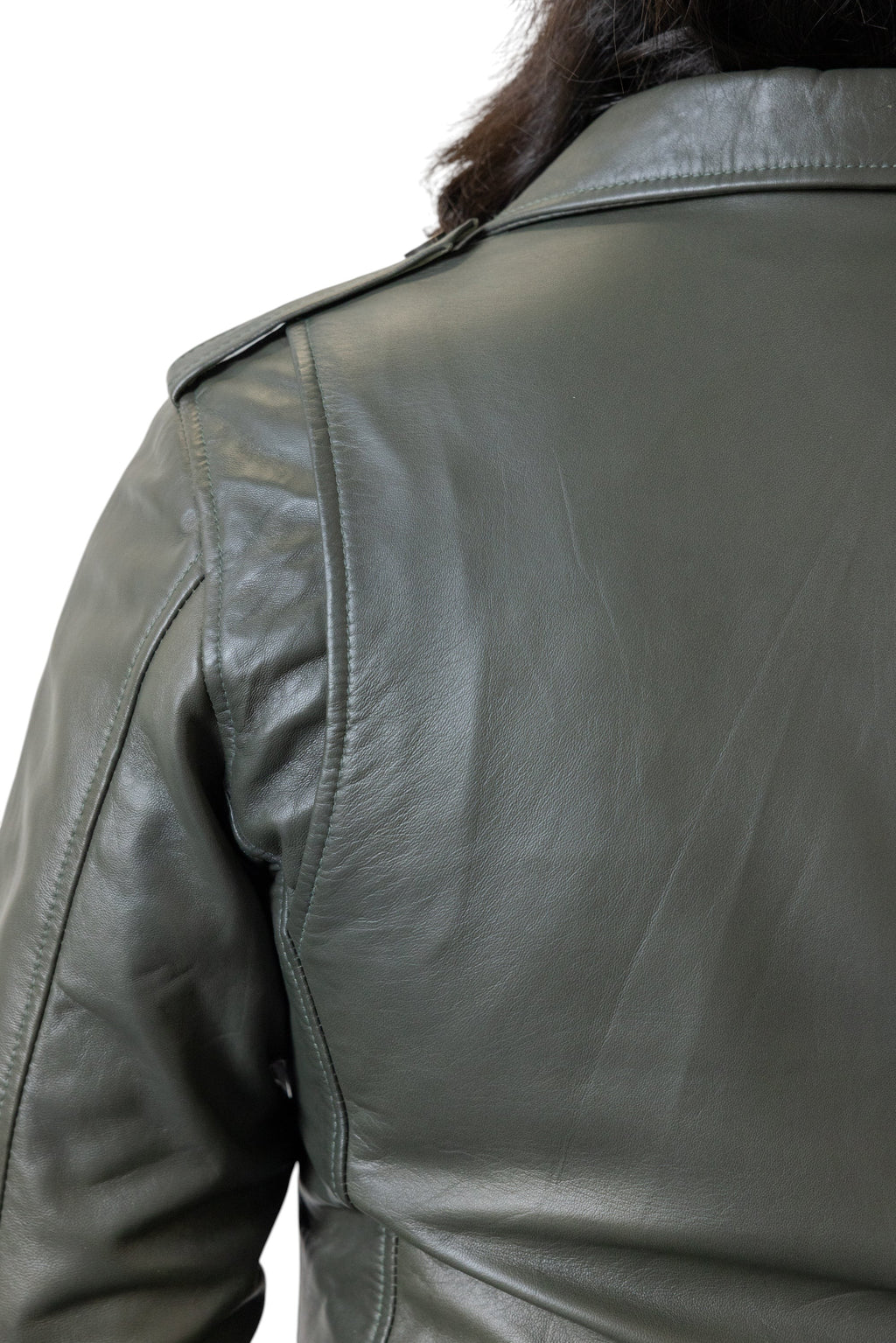 David Dangelo Caldwell The Biker Aztec jacket in olive green nappa lamb leather with Aztec inspired snaps.