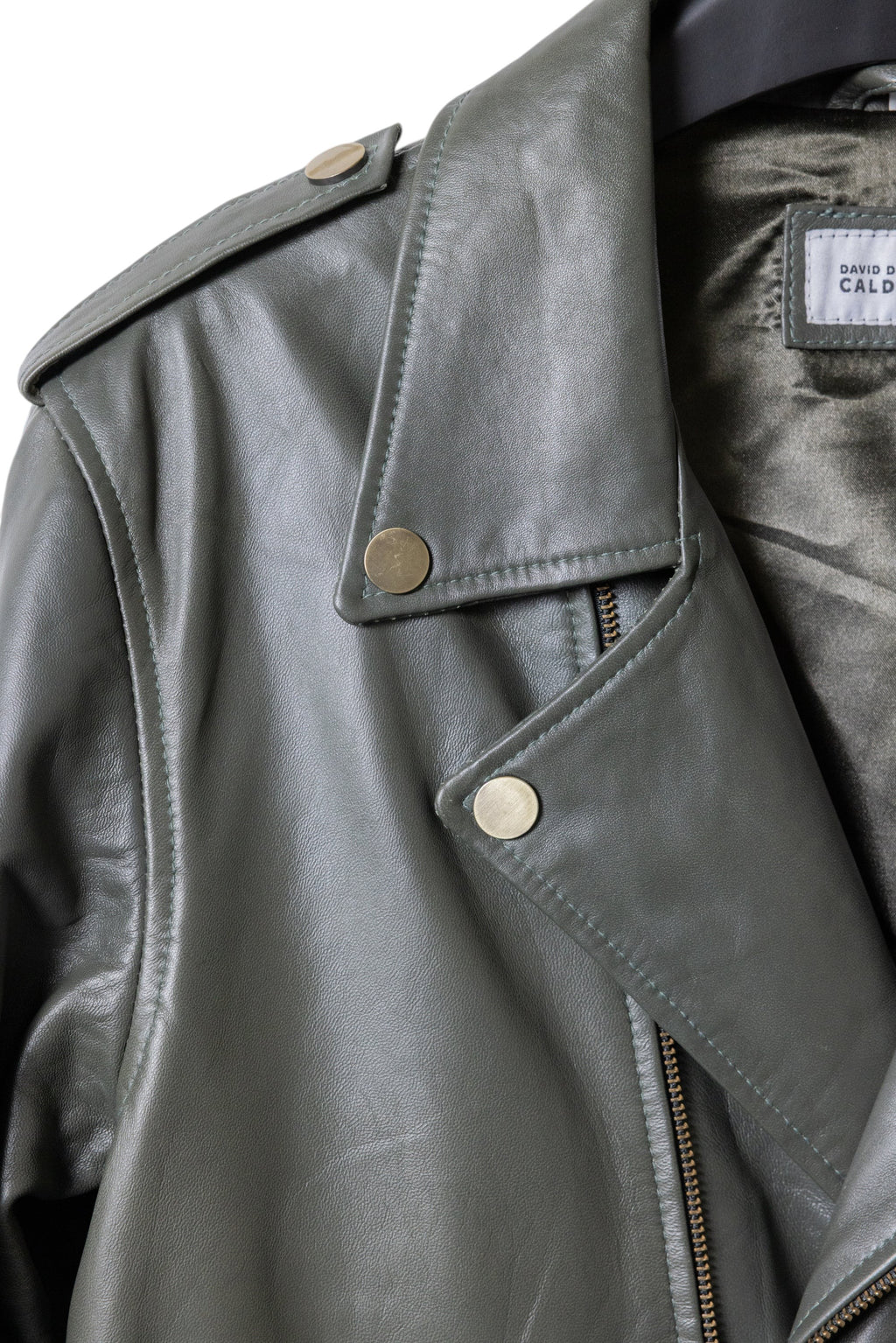 David Dangelo Caldwell The Biker Aztec jacket in olive green nappa lamb leather with custom Aztec snaps and zipper pulls.