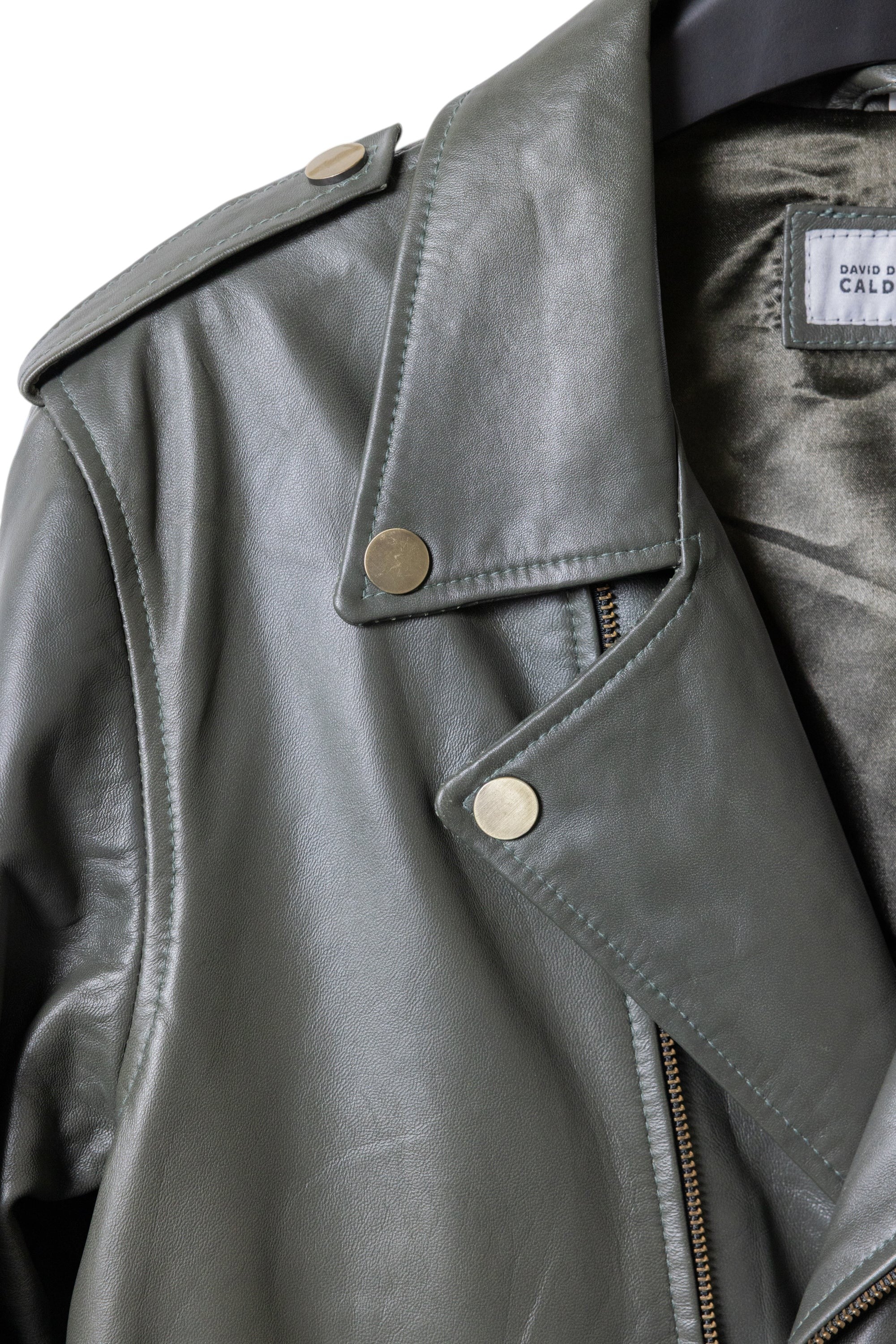 David Dangelo Caldwell The Biker Aztec jacket in olive green nappa lamb leather with custom Aztec snaps and zipper pulls.