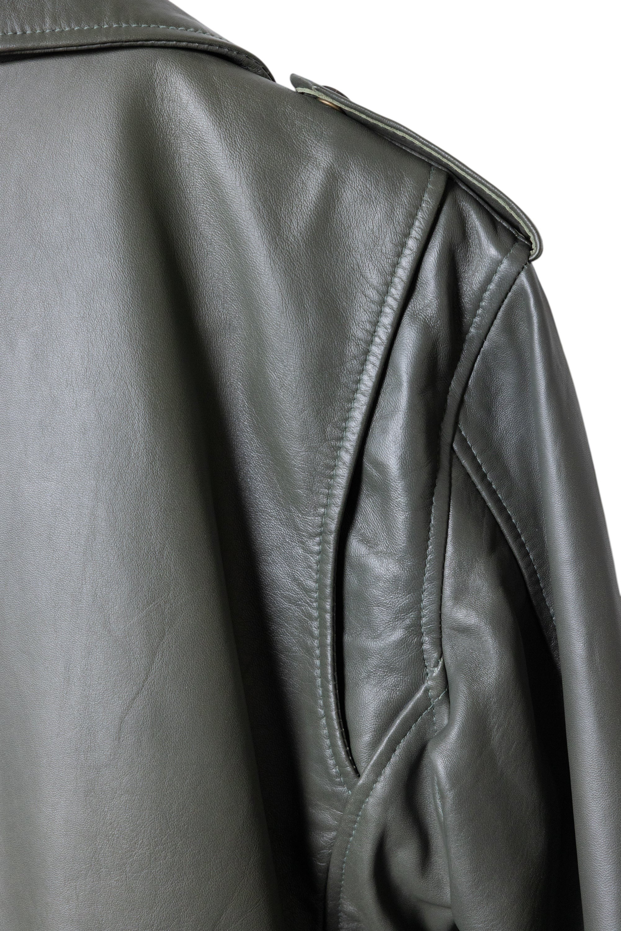 David Dangelo Caldwell The Biker Aztec jacket in olive green nappa lamb leather with custom Aztec snaps.
