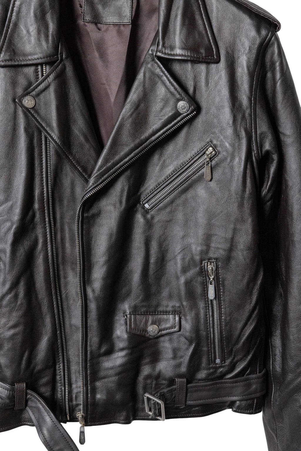 David Dangelo Caldwell dark brown nappa lamb leather biker jacket with Aztec snaps and custom zipper pulls.