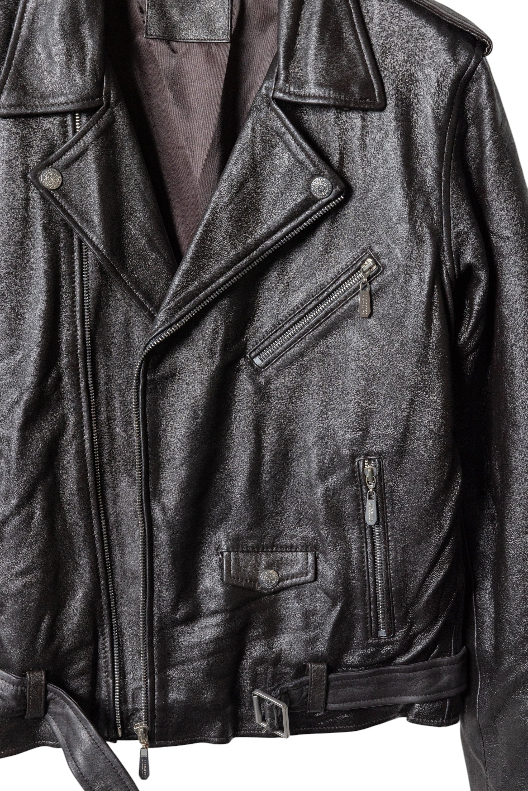 David Dangelo Caldwell dark brown nappa lamb leather biker jacket with Aztec snaps and custom zipper pulls.