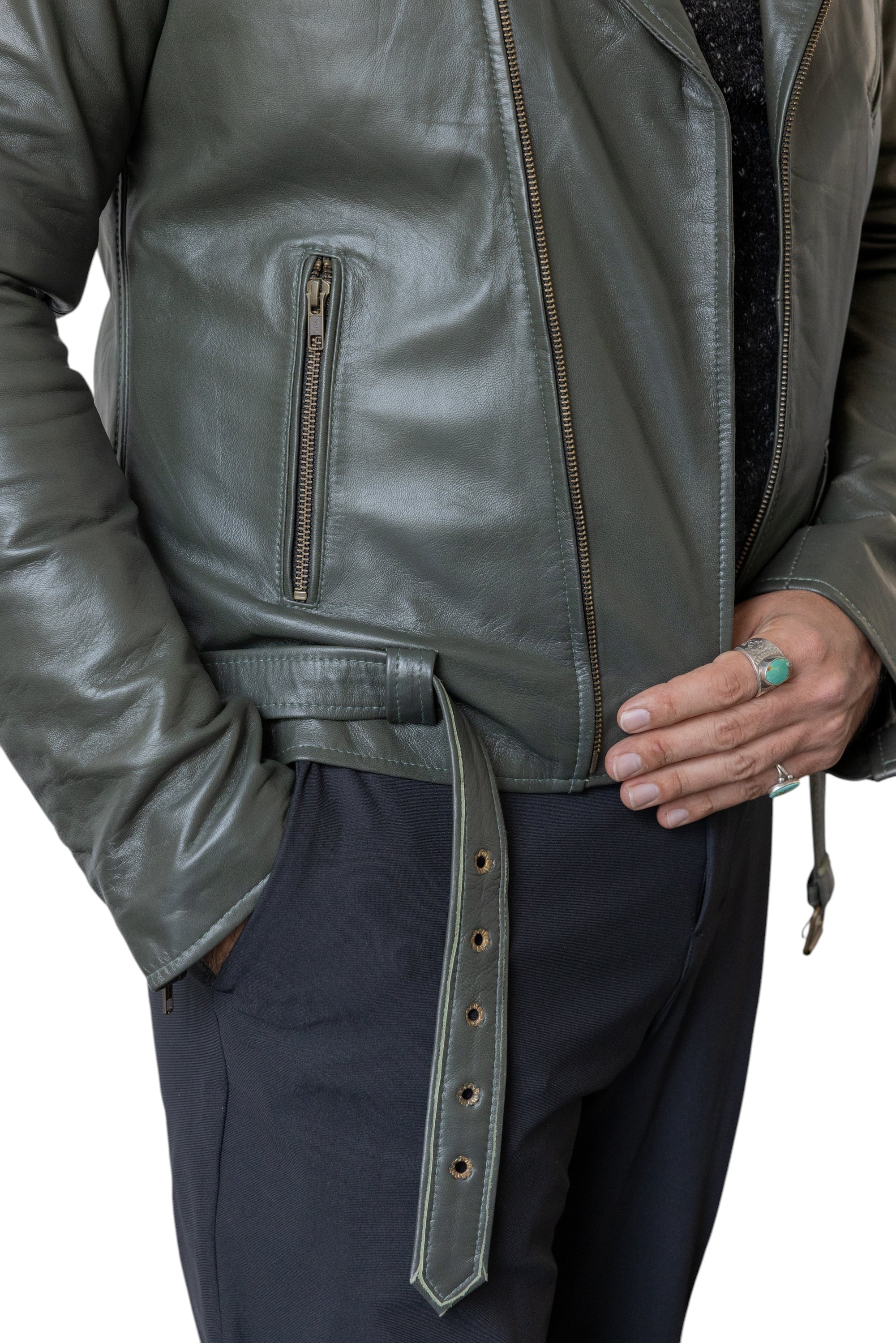 David Dangelo Caldwell olive green nappa lamb leather biker jacket with Aztec snaps and custom zipper pulls.
