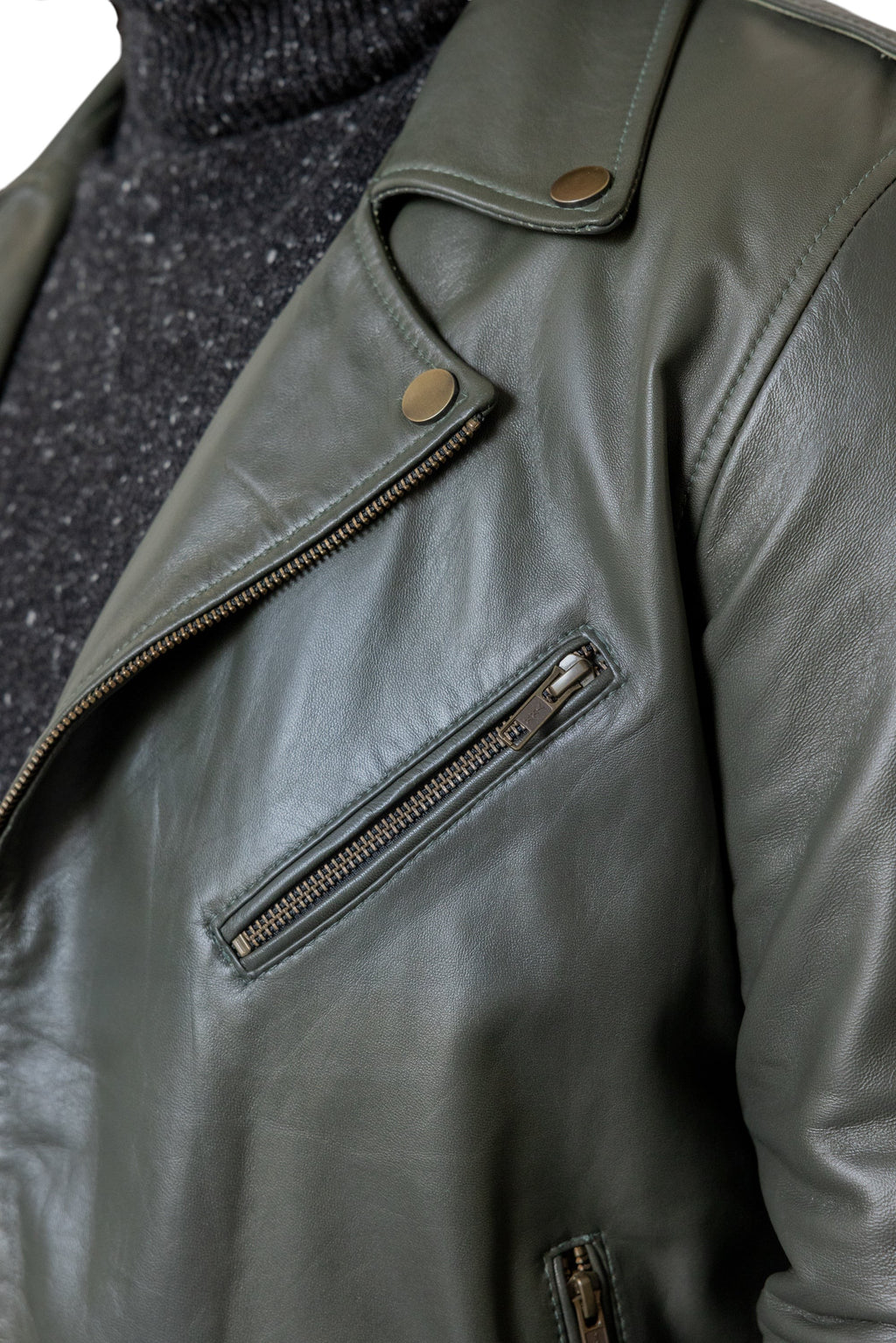 David Dangelo Caldwell olive green nappa lamb leather biker jacket with Aztec snaps and custom zipper pulls.