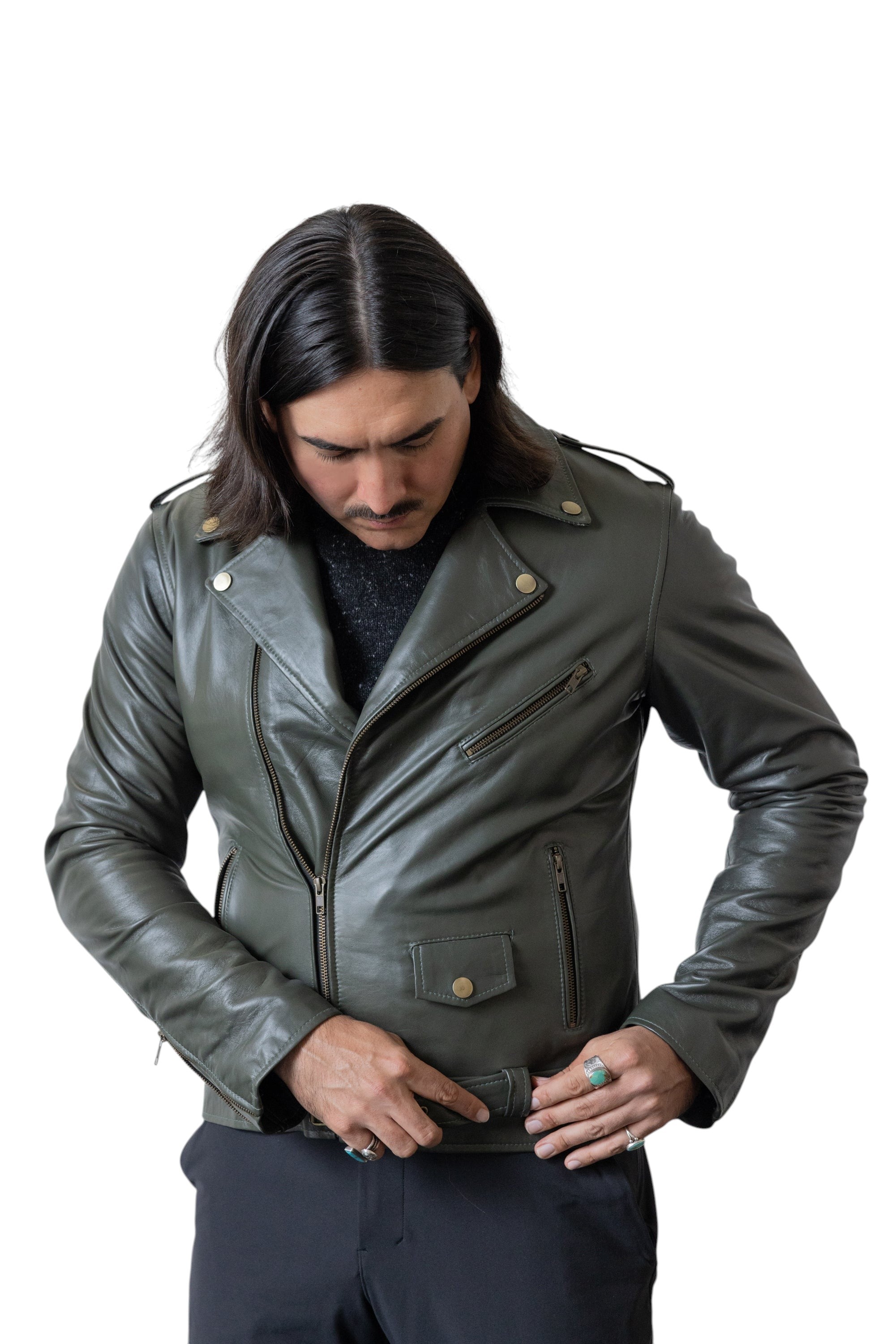 David Dangelo Caldwell olive green nappa lamb leather biker jacket with Aztec snaps and custom zipper pulls.