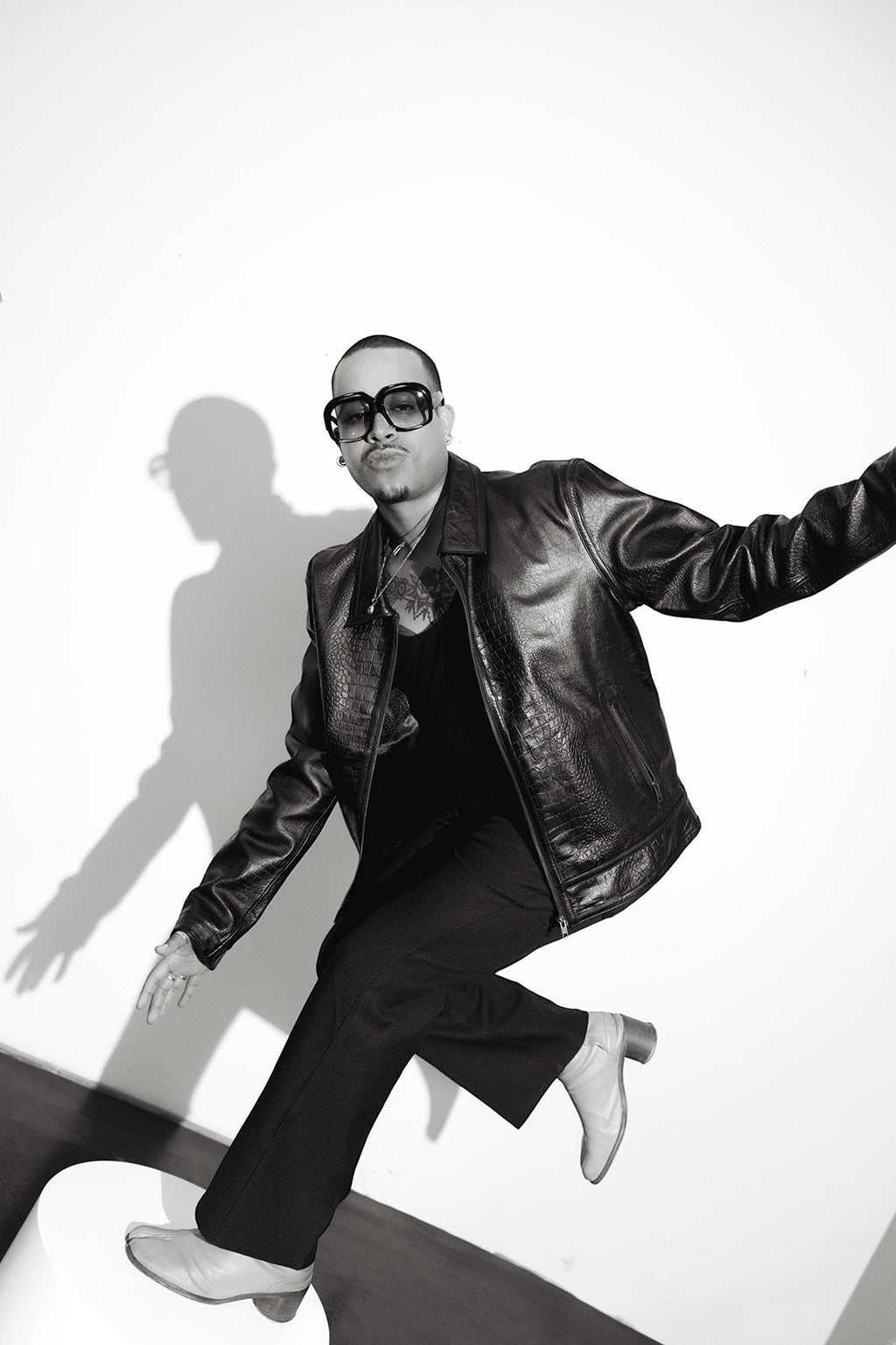 David Dangelo Caldwell black embossed crocodile cowhide leather jacket with a sleek silhouette and bold details.