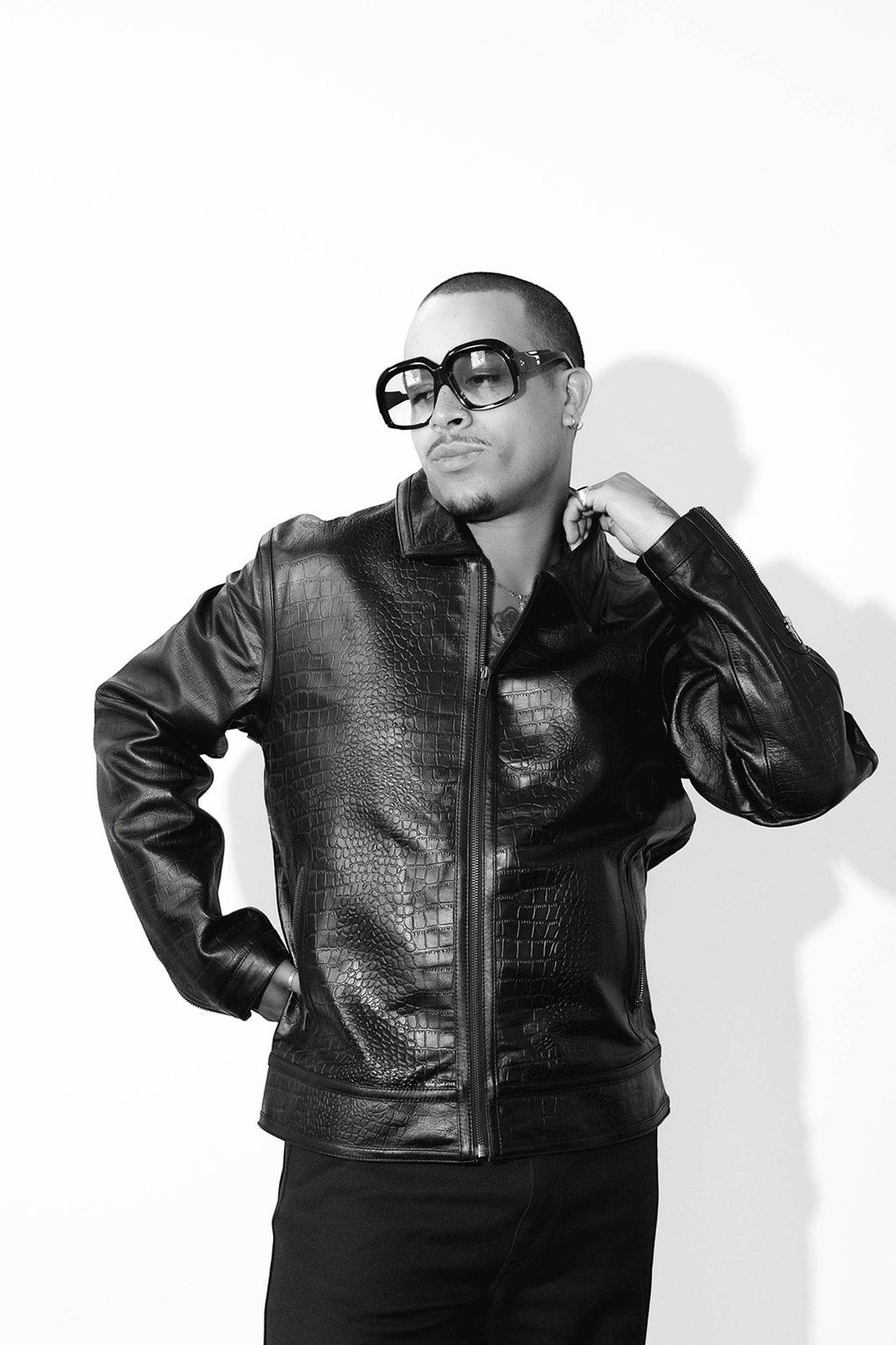 David Dangelo Caldwell black embossed crocodile cowhide leather jacket with a sleek silhouette and modern design.