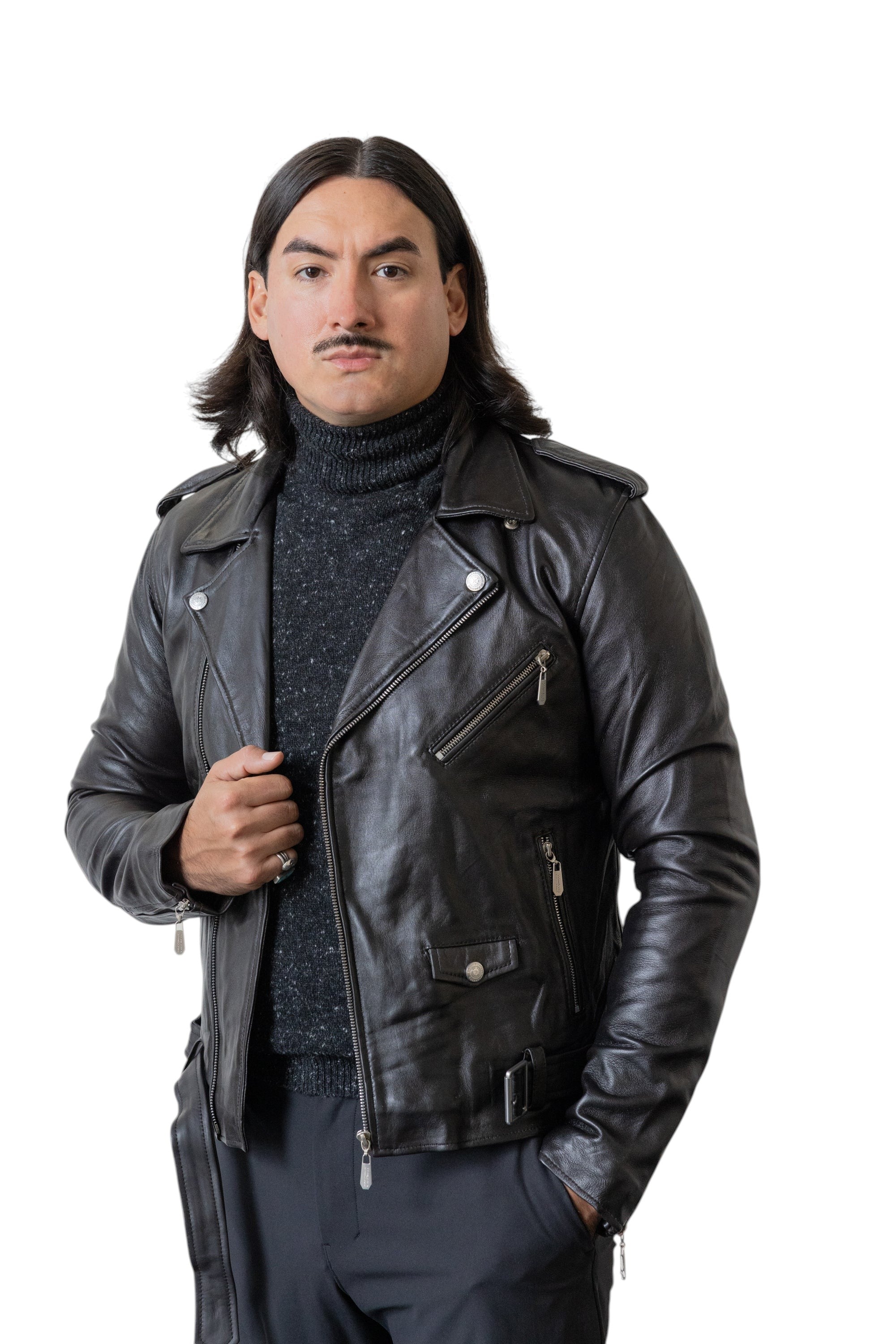 David Dangelo Caldwell black nappa lamb biker jacket with Aztec snaps and branded zipper pulls.
