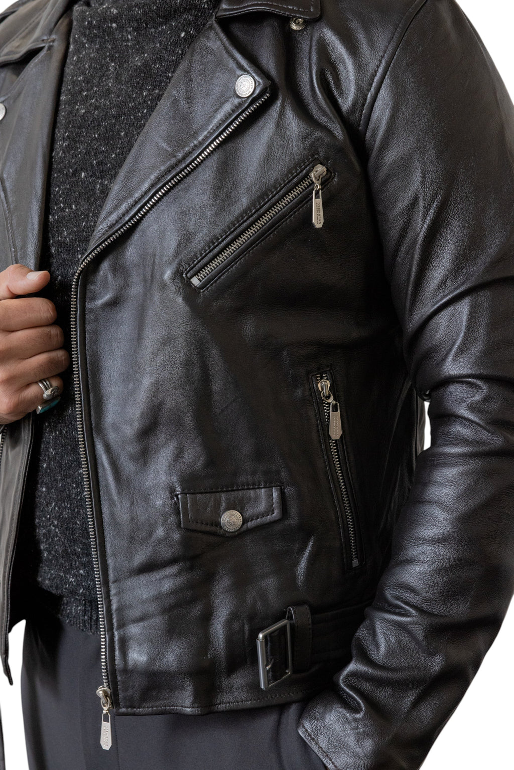 David Dangelo Caldwell black nappa lamb biker jacket with Aztec snaps and custom zipper pulls.