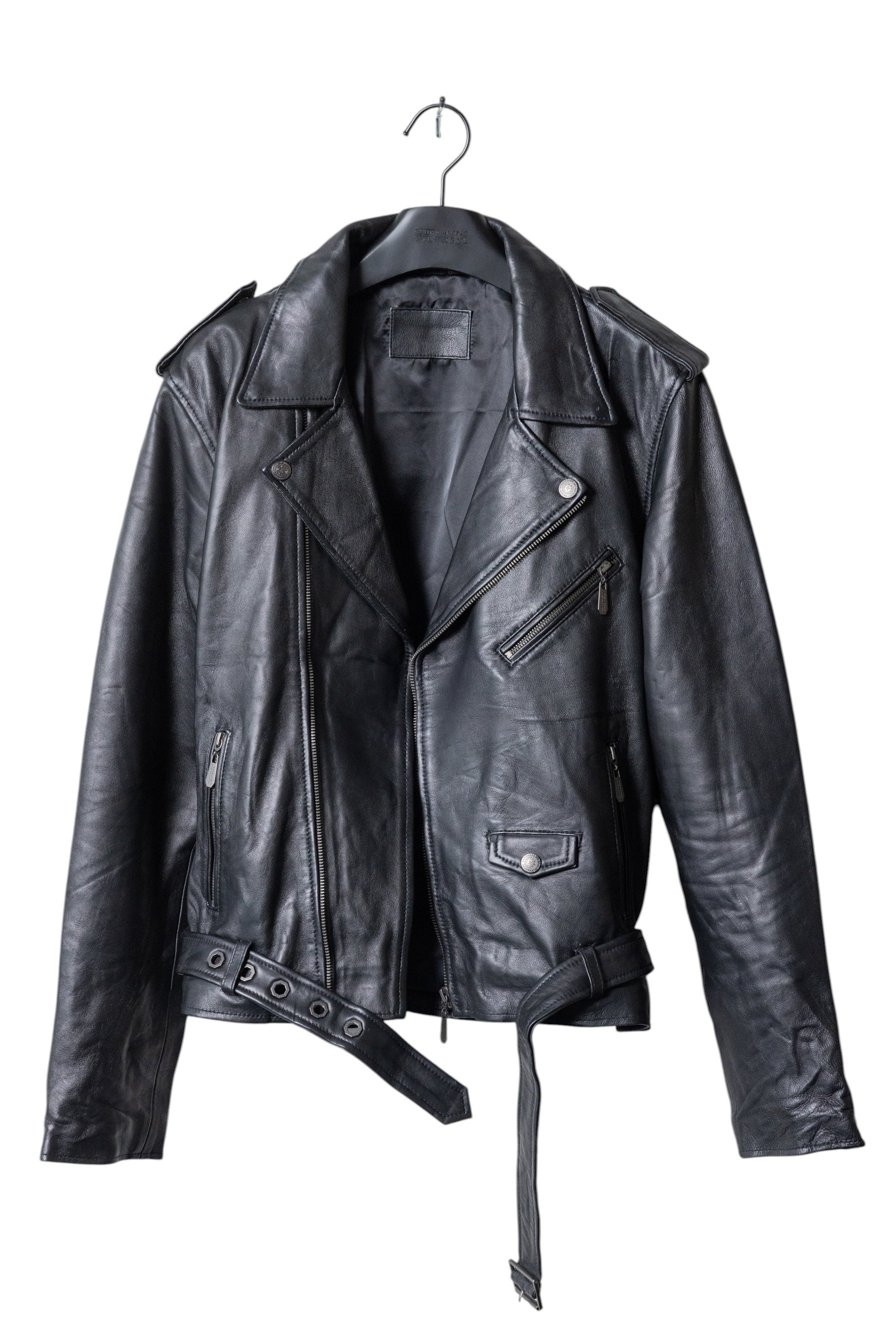 David Dangelo Caldwell black nappa lamb biker jacket with Aztec snaps and branded zipper pulls.