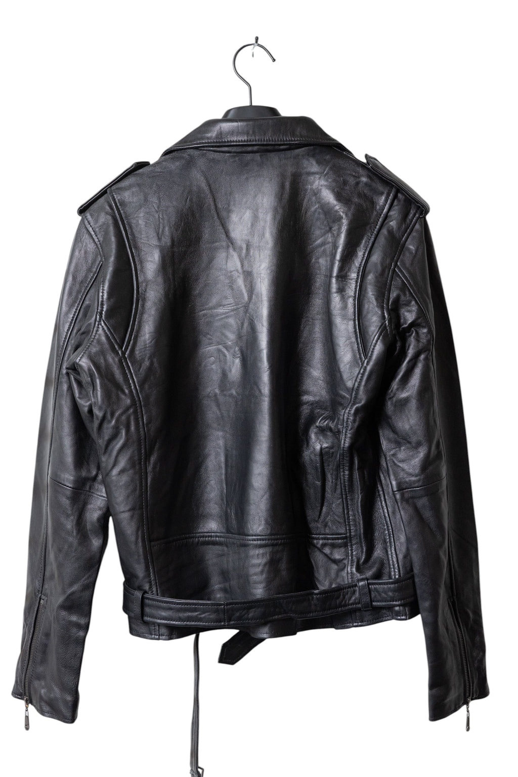 David Dangelo Caldwell black biker jacket made of nappa lamb leather with Aztec inspired snaps and branded zipper pulls.