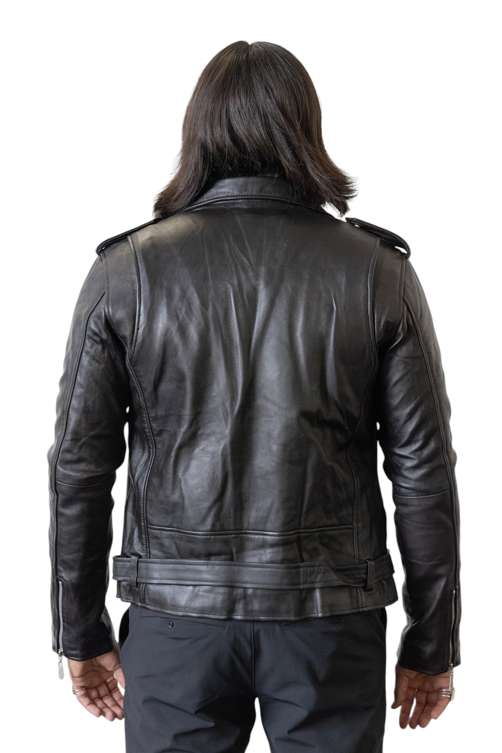 David Dangelo Caldwell black nappa lamb biker jacket with Aztec snaps and branded zipper pulls. Classic fit.