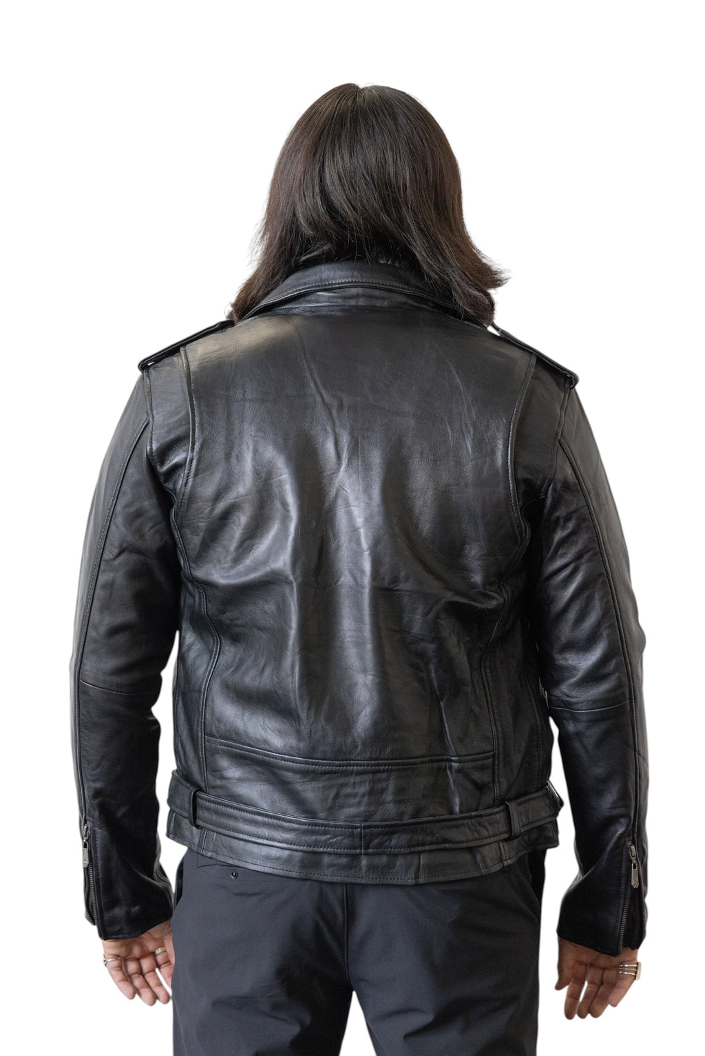 David Dangelo Caldwell black nappa lamb biker jacket with Aztec inspired snaps and branded zipper pulls.