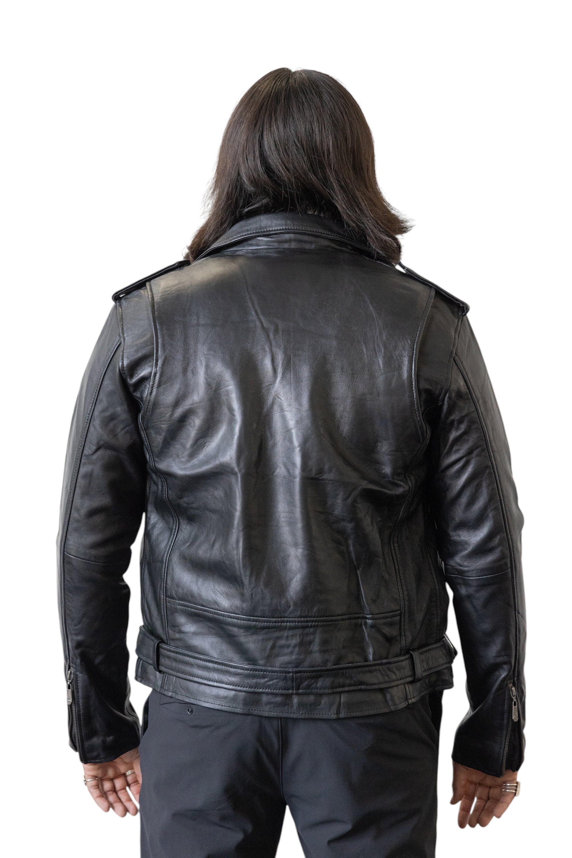David Dangelo Caldwell black nappa lamb biker jacket with Aztec inspired snaps and branded zipper pulls.