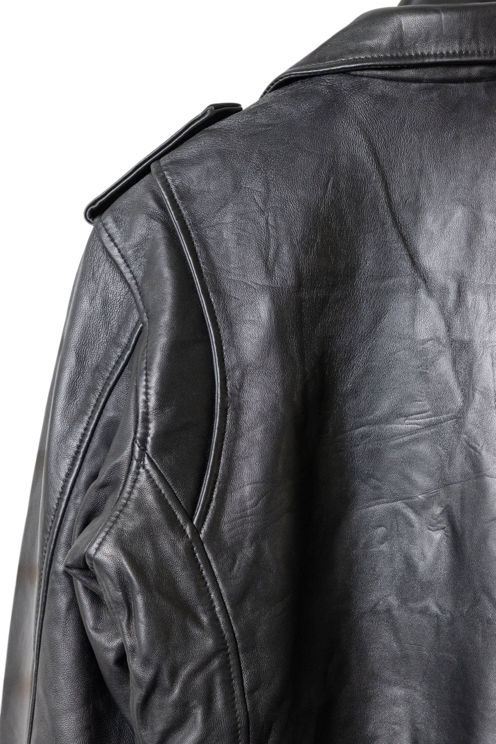 David Dangelo Caldwell black nappa lamb leather biker jacket with Aztec snaps and branded zipper pulls.