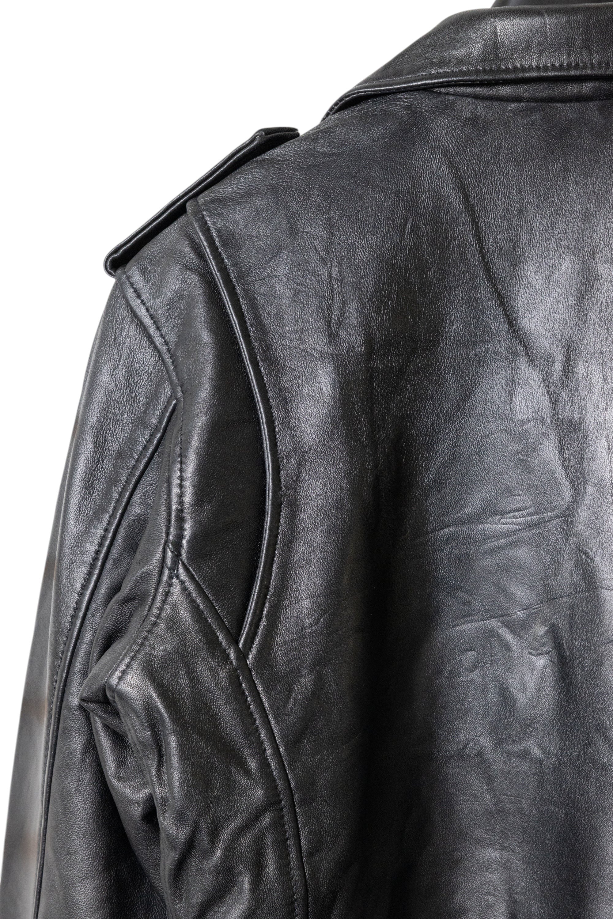 David Dangelo Caldwell black nappa lamb leather biker jacket with Aztec snaps and branded zipper pulls.