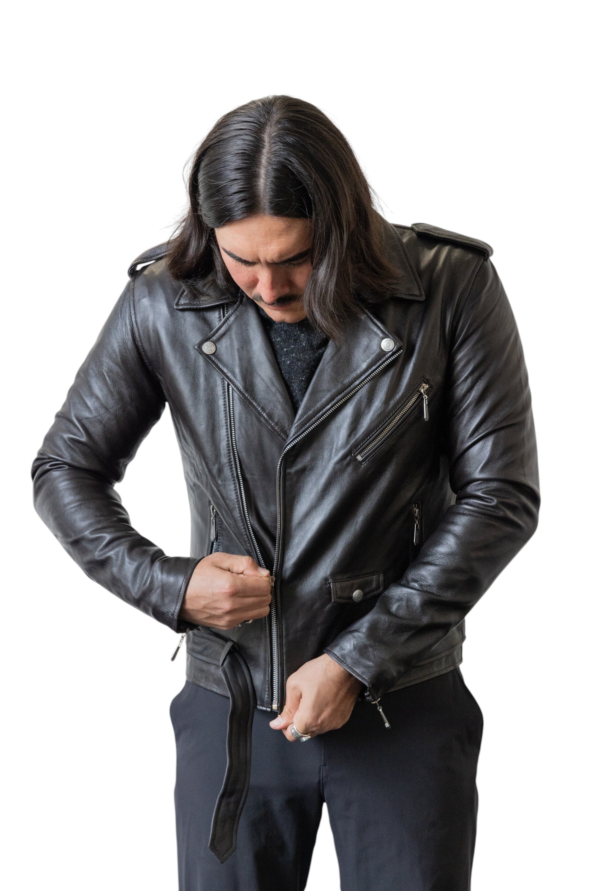 David Dangelo Caldwell black nappa lamb leather biker jacket with Aztec snaps and branded zipper pulls.