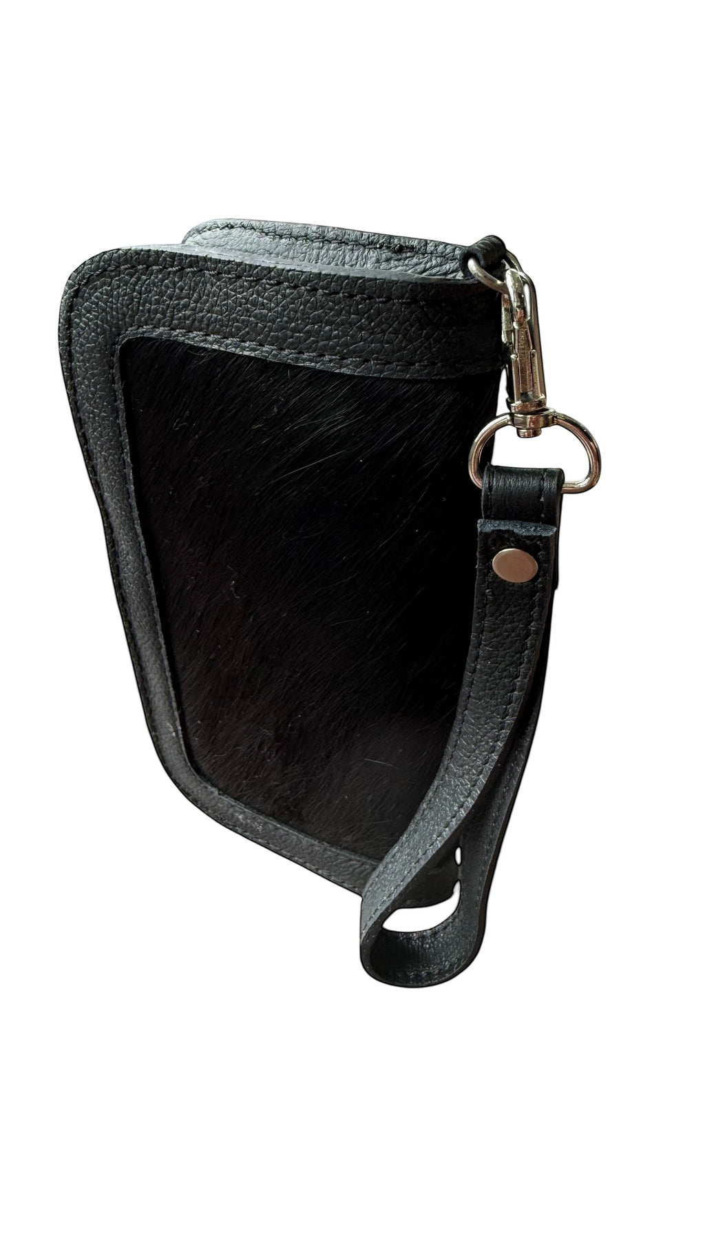David Dangelo Caldwell black leather and hair-on hide wristlet clutch with silver hardware and wrist strap.