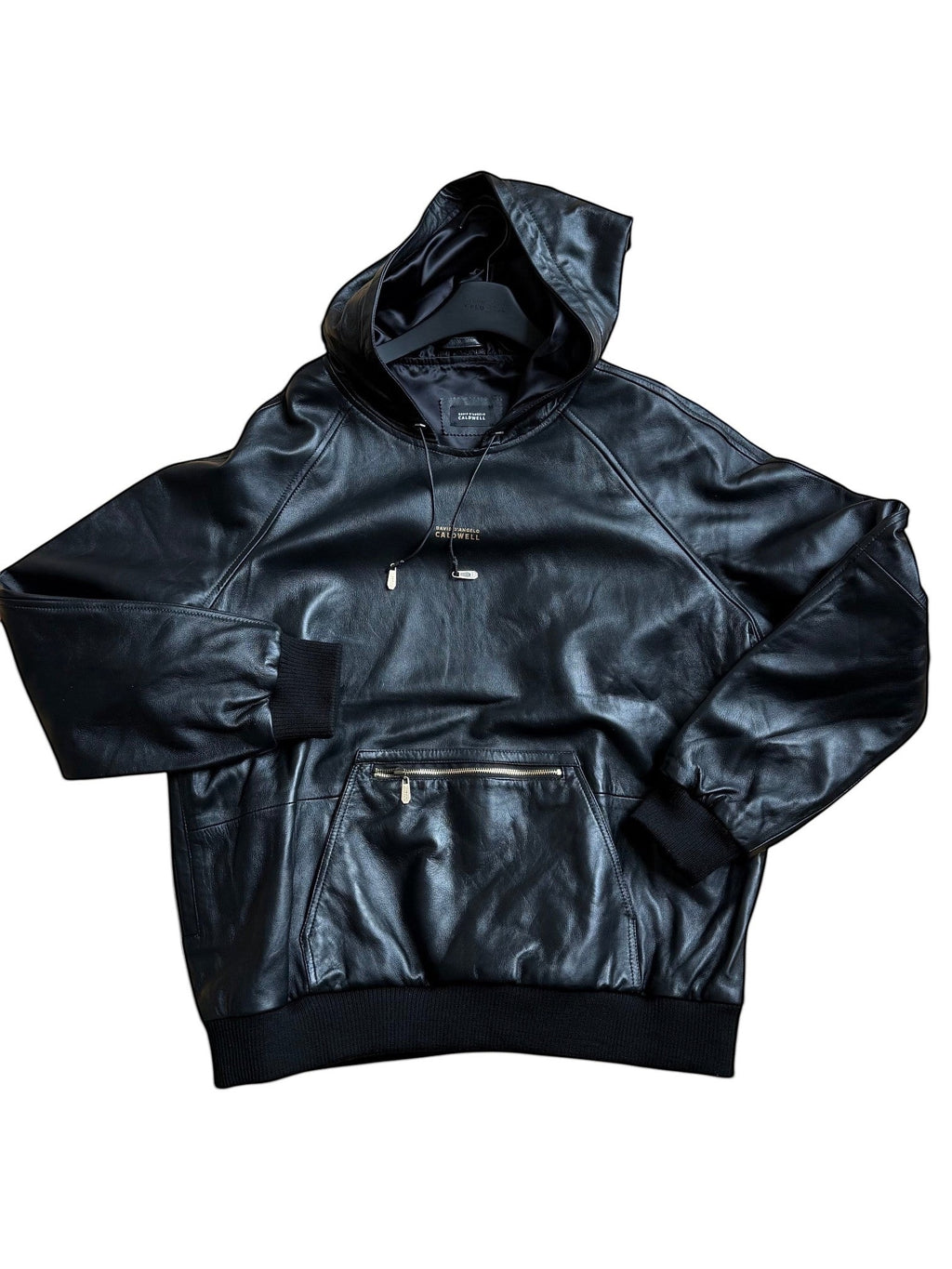 David Dangelo Caldwell black reversible lamb leather hoodie with silk lining, oversized hood, and zippered pockets.