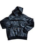 David Dangelo Caldwell black reversible lamb leather hoodie with silk lining, oversized hood, and zippered pockets.
