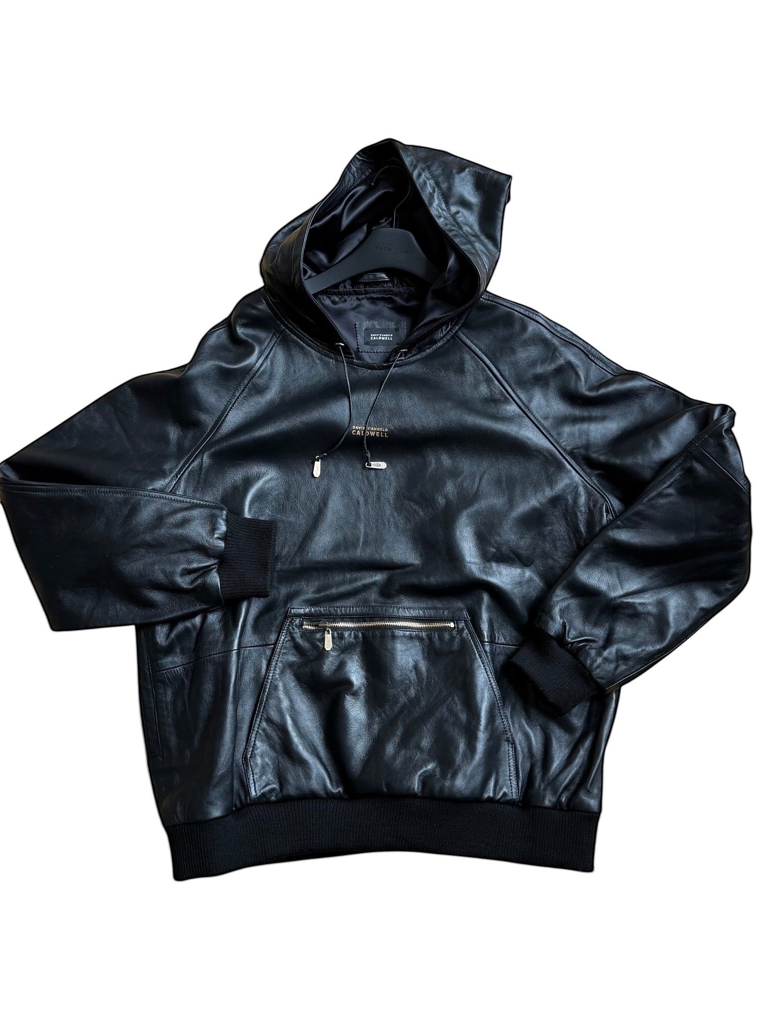 David Dangelo Caldwell black reversible lamb leather hoodie with silk lining, oversized hood, and zippered pockets.