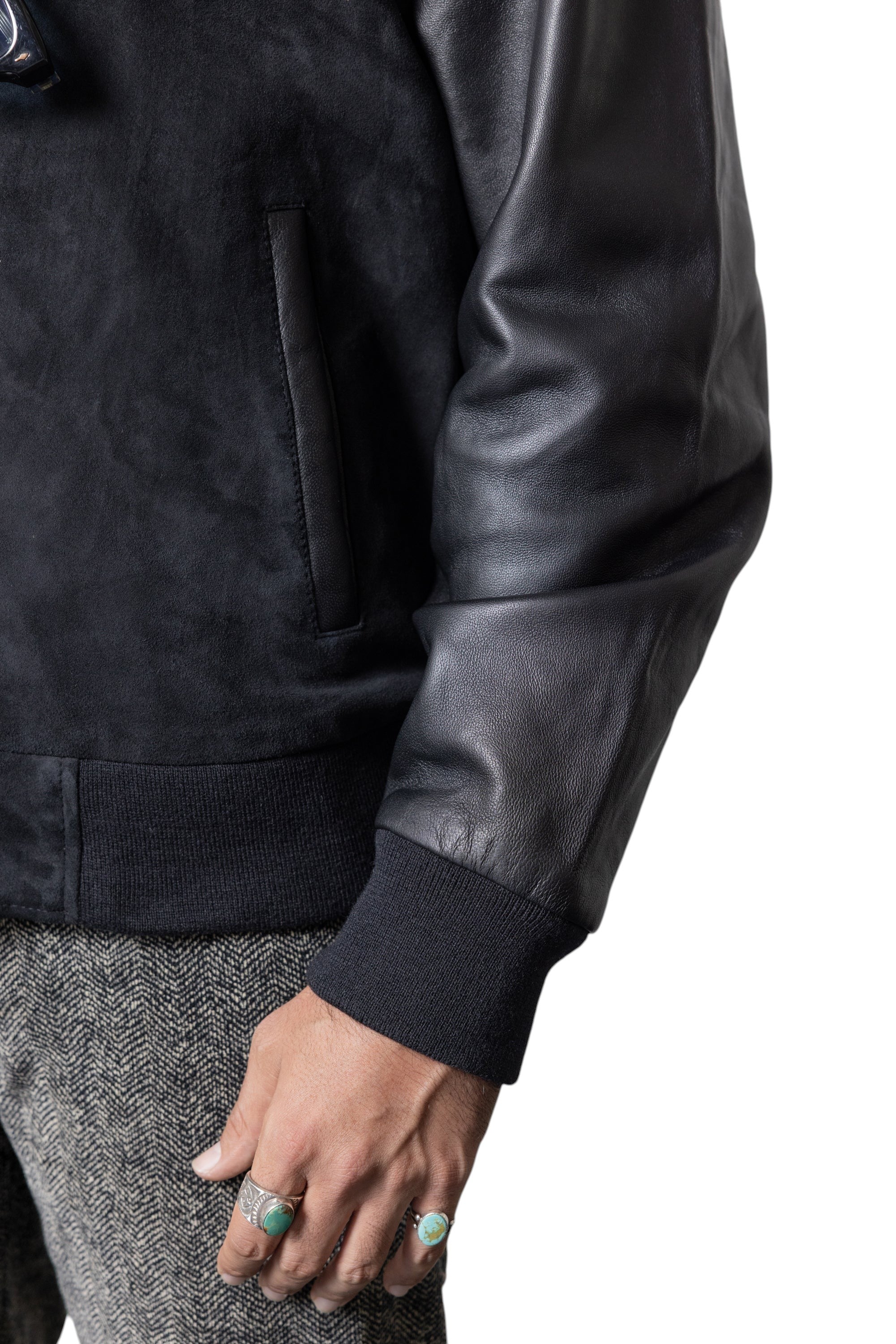 David Dangelo Caldwell black suede and nappa lamb skin varsity jacket with silk lining and contrasting leather detail.