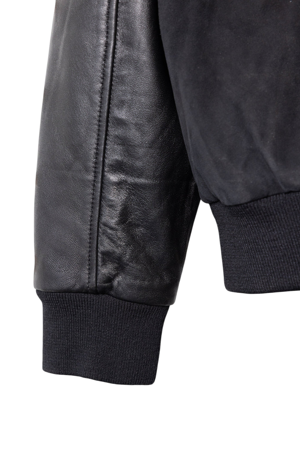 David Dangelo Caldwell black lamb suede varsity jacket with nappa lamb skin sleeves and ribbed cuffs.