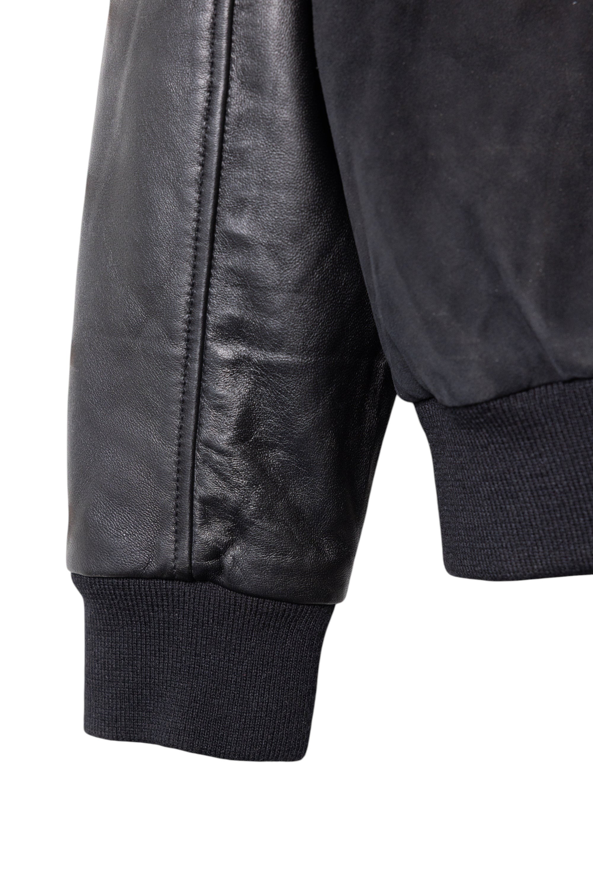 David Dangelo Caldwell black lamb suede varsity jacket with nappa lamb skin sleeves and ribbed cuffs.