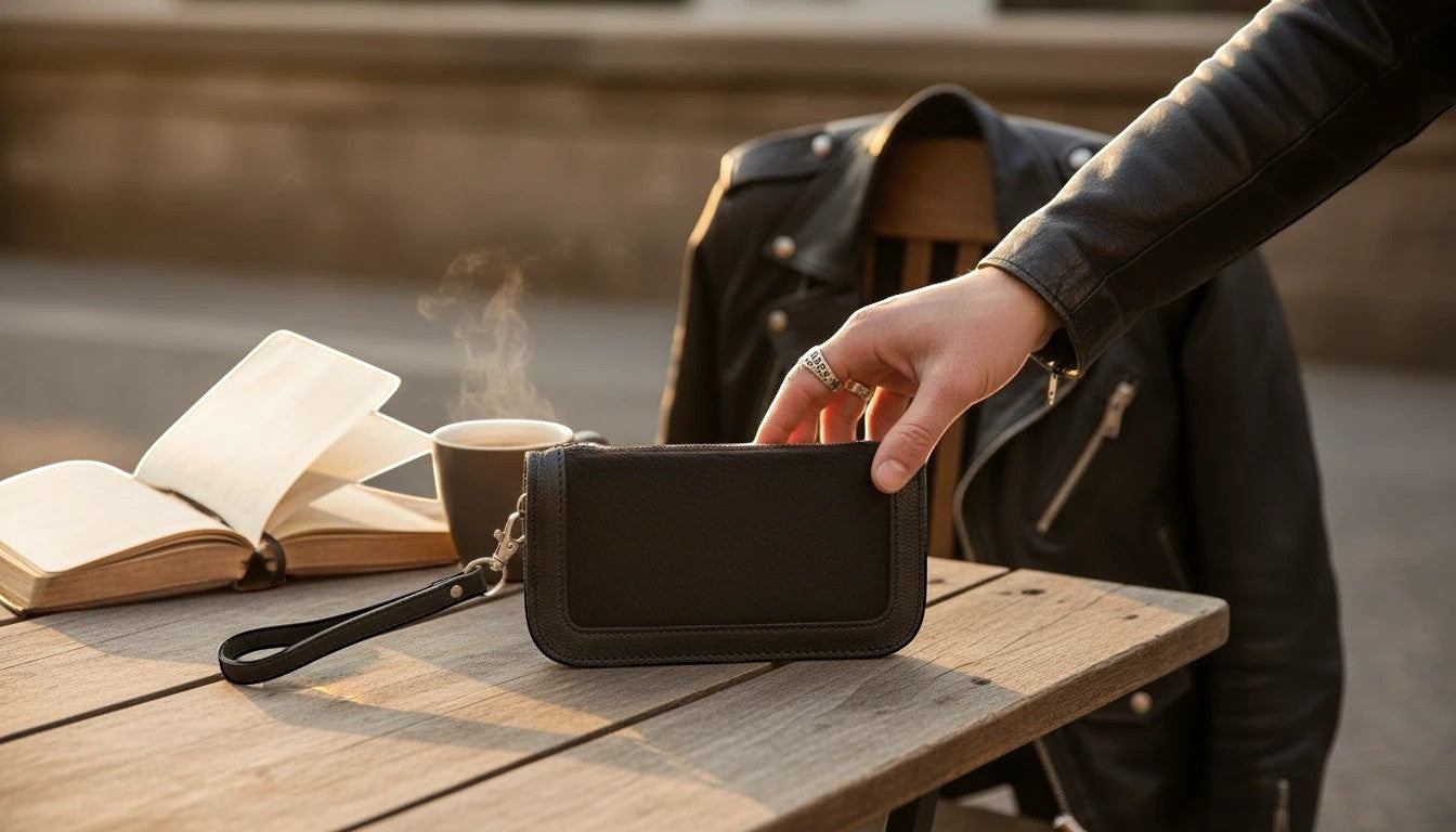 David Dangelo Caldwell black leather wristlet clutch with textured panel and wrist strap.
