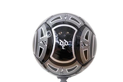 David Dangelo Caldwell size 5 black PU soccer ball with white geometric patterns and custom logo
