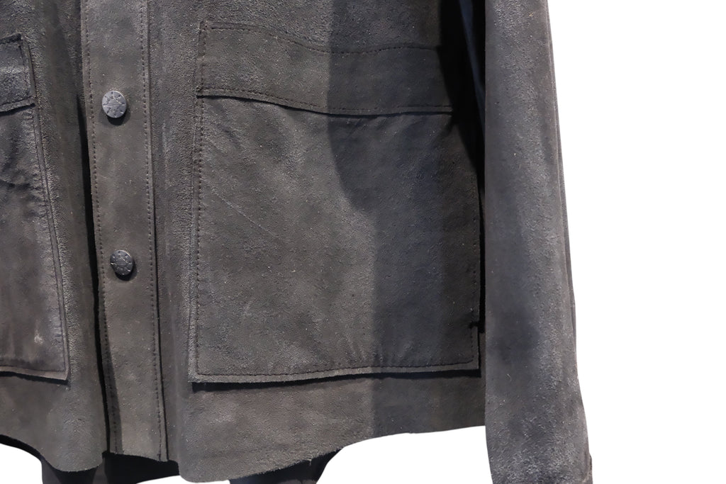 David Dangelo Caldwell black suede jacket with two patch hip pockets and custom hardware. Classic fit, made in USA.