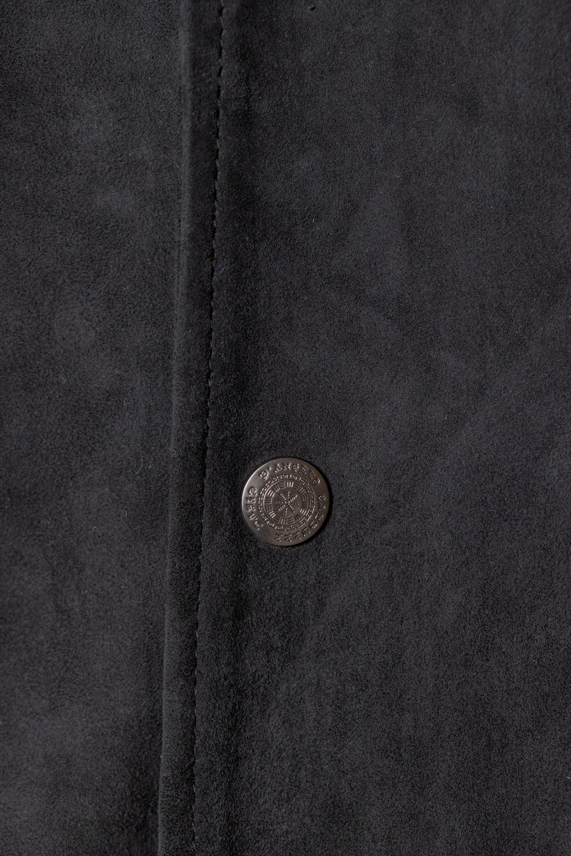 David Dangelo Caldwell black suede varsity jacket with nappa leather trim and silk lining. Features custom city name option.