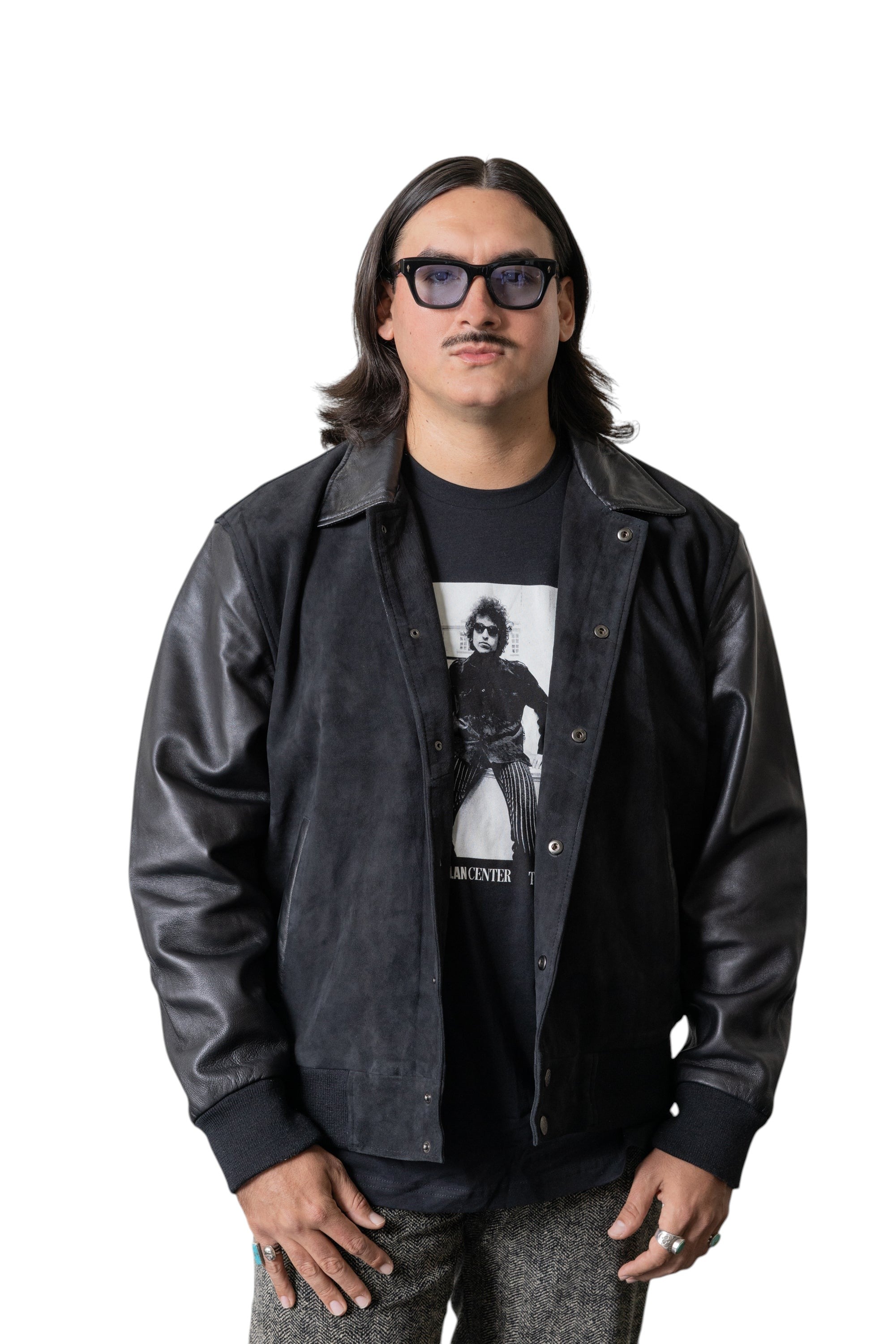 David Dangelo Caldwell black suede varsity jacket with black leather sleeves and collar, silk lining.