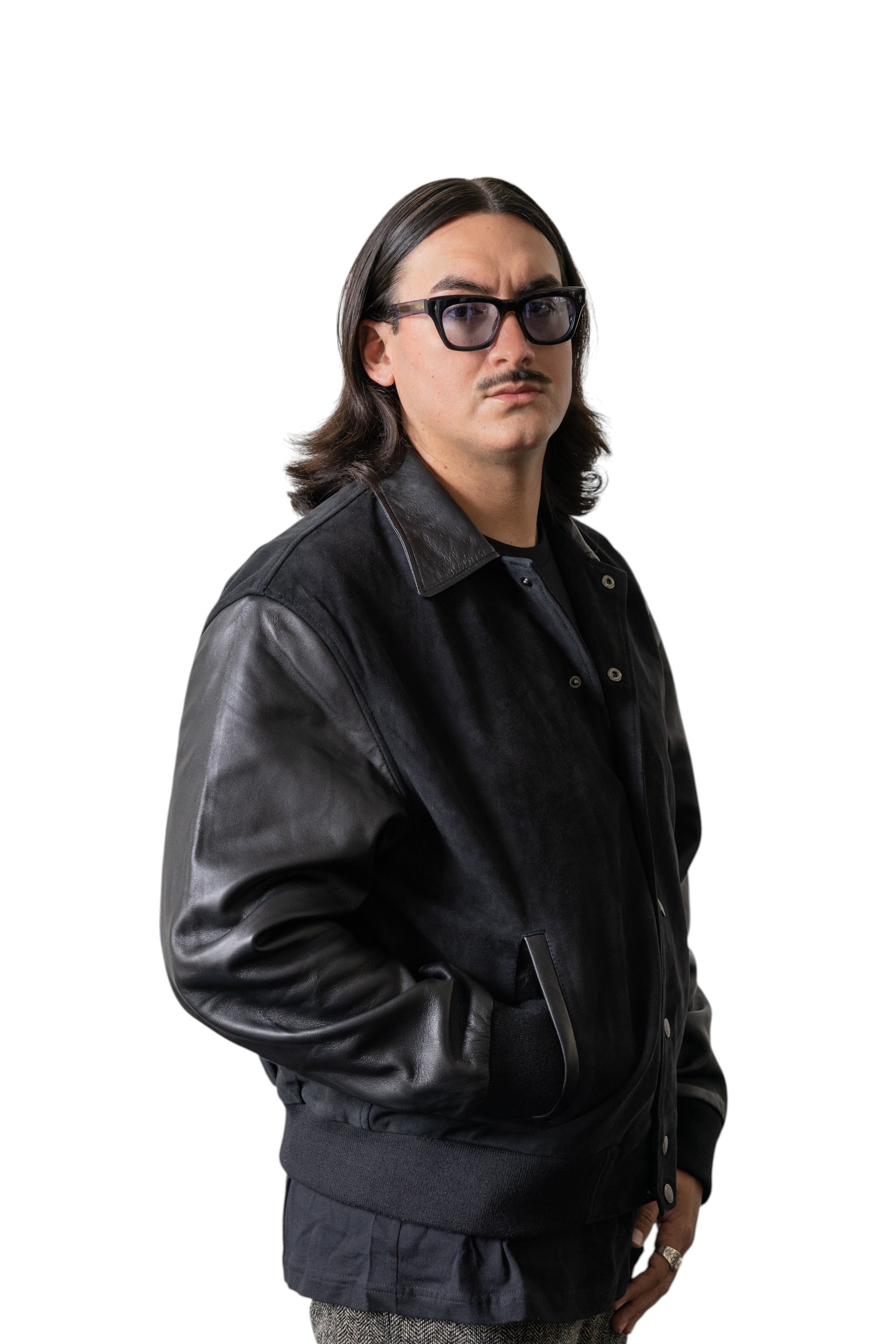 David Dangelo Caldwell black suede and leather varsity jacket with silk lining and contrasting leather back copy.
