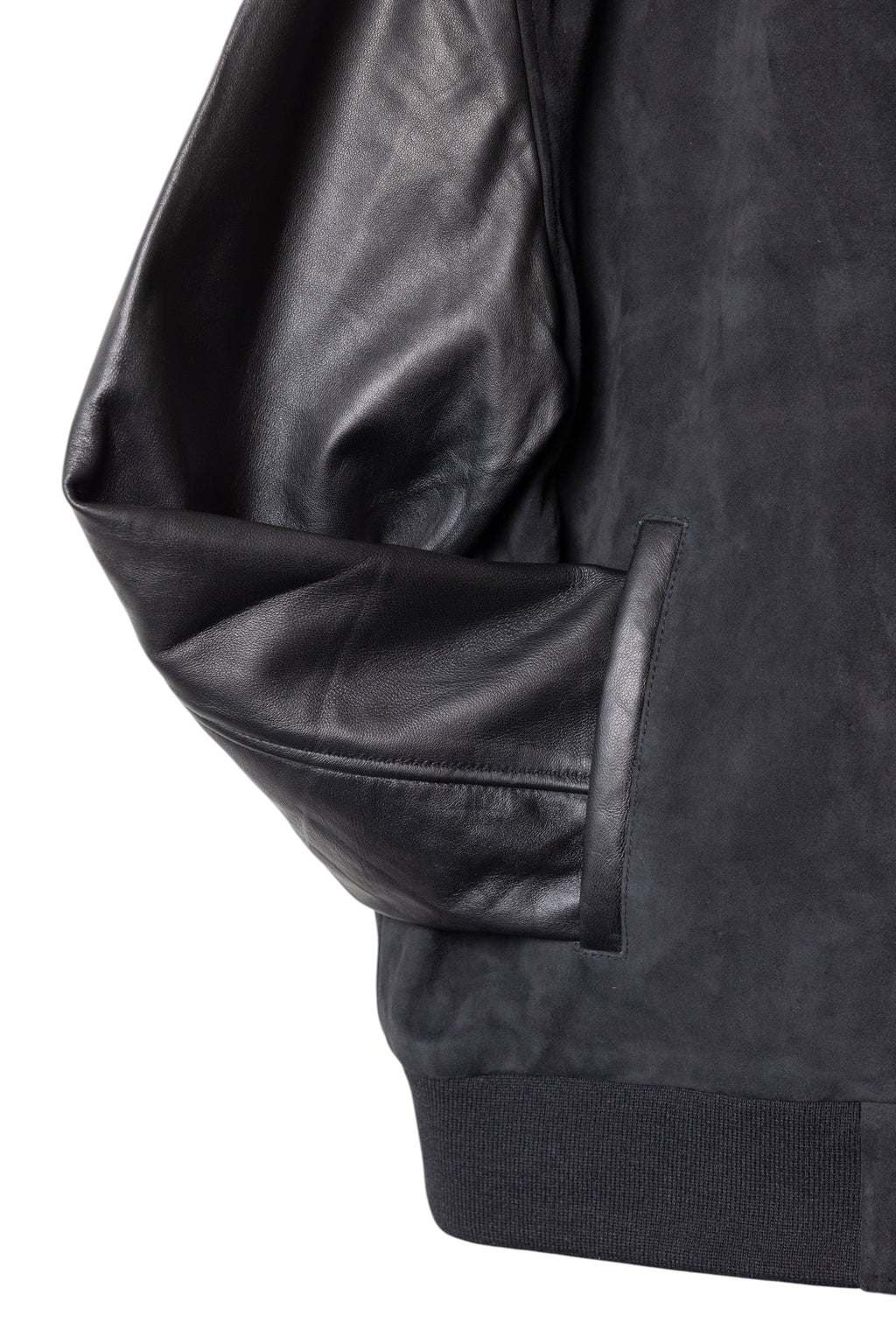 David Dangelo Caldwell black suede and nappa lamb skin varsity jacket with silk lining and welt pockets.