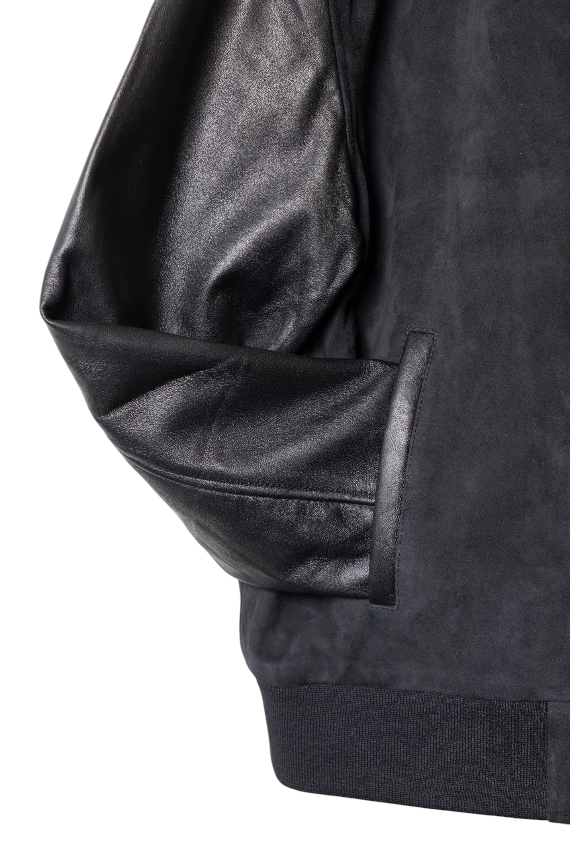 David Dangelo Caldwell black suede and nappa lamb skin varsity jacket with silk lining and welt pockets.