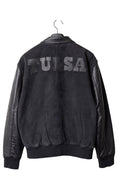 David Dangelo Caldwell black suede varsity jacket with leather sleeves and "TULSA" lettering on back. Silk lined.