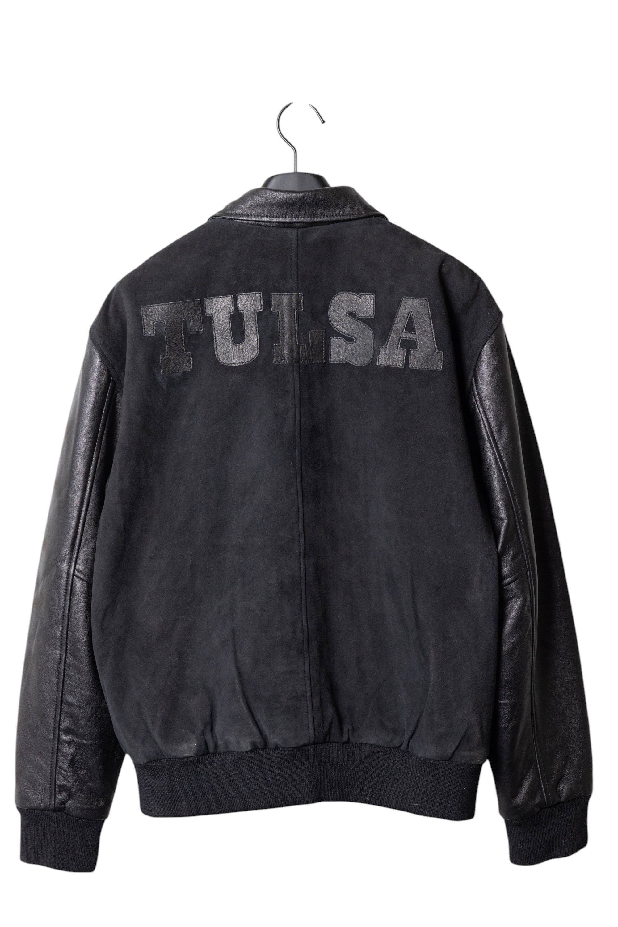 David Dangelo Caldwell black suede varsity jacket with leather sleeves and "TULSA" lettering on back. Silk lined.