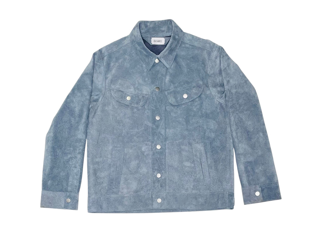 David Dangelo Caldwell light blue suede trucker jacket with button closure and two chest pockets. Classic fit.