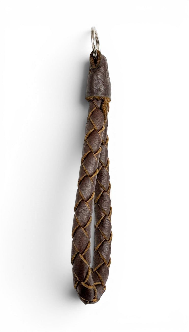 David Dangelo Caldwell dark brown braided leather rope keychain with silver ring