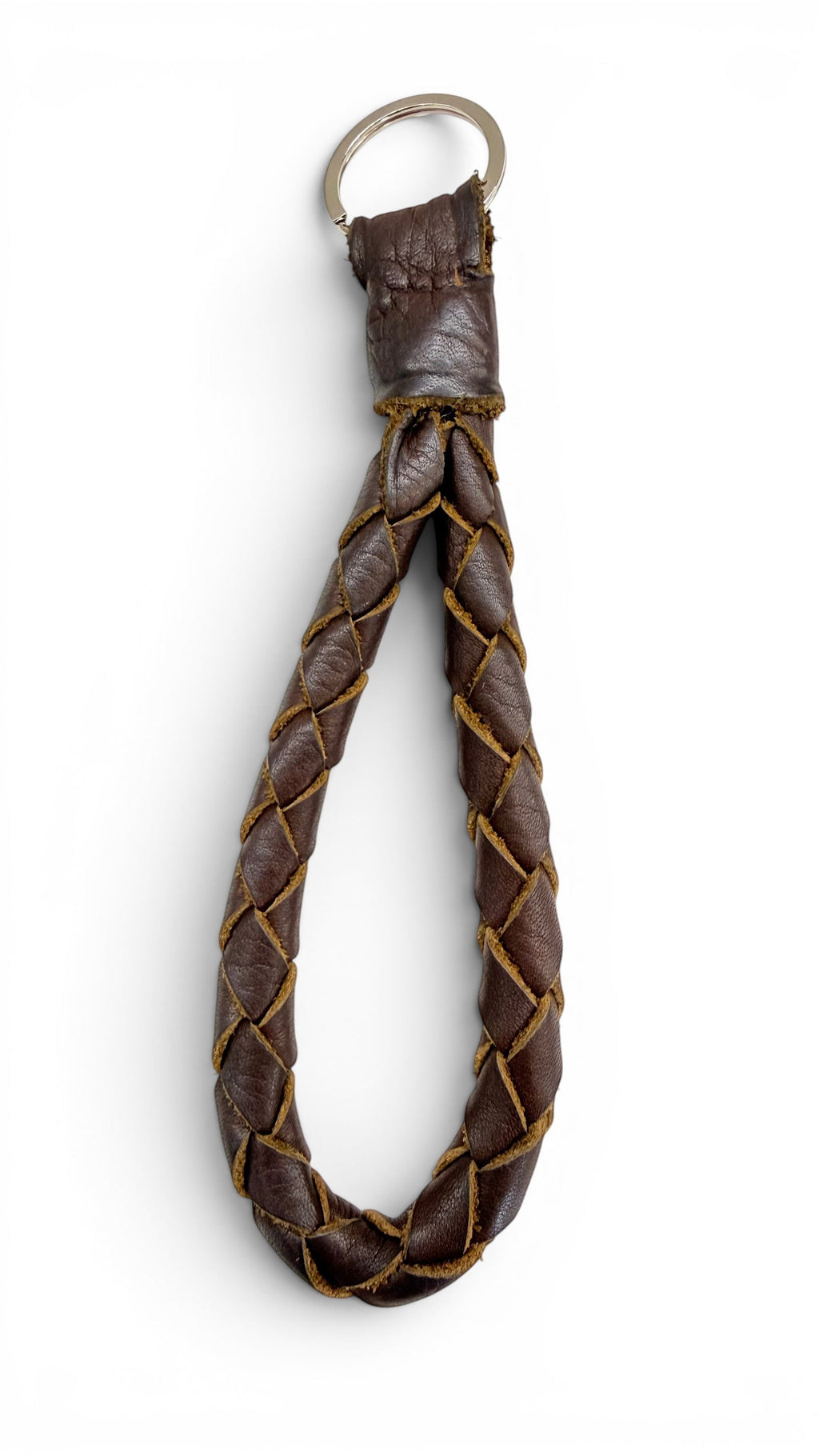David Dangelo Caldwell dark brown braided leather rope keychain with silver ring. Hand-braided for durability.